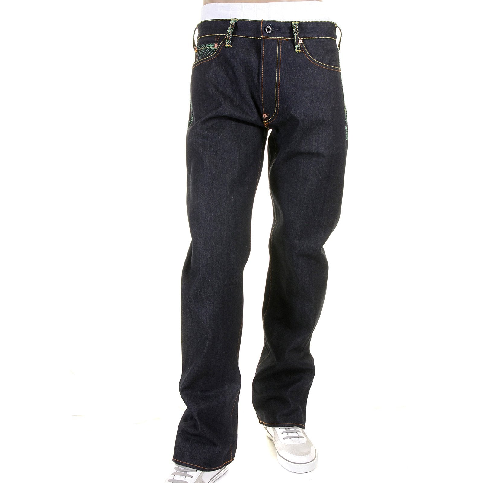 RMC MARTIN KSOHOH EXCLUSIVE VINTAGE CUT DARK INDIGO RAW DENIM JEANS WITH GREEN TSUNAMI WAVE EMBROIDERY REDM1881