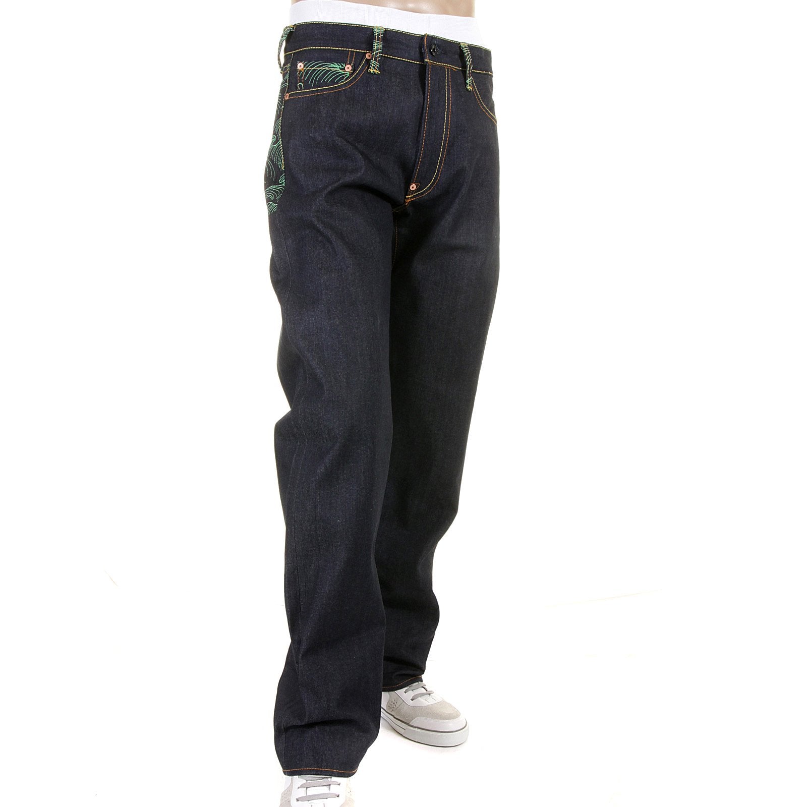RMC MARTIN KSOHOH EXCLUSIVE VINTAGE CUT DARK INDIGO RAW DENIM JEANS WITH GREEN TSUNAMI WAVE EMBROIDERY REDM1881
