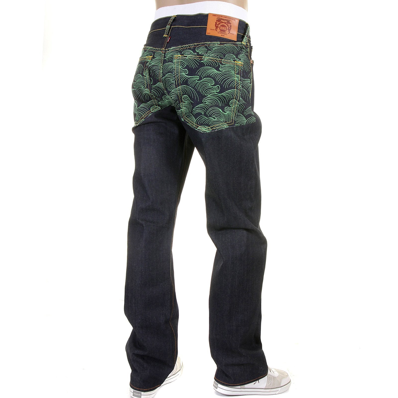RMC MARTIN KSOHOH EXCLUSIVE VINTAGE CUT DARK INDIGO RAW DENIM JEANS WITH GREEN TSUNAMI WAVE EMBROIDERY REDM1881