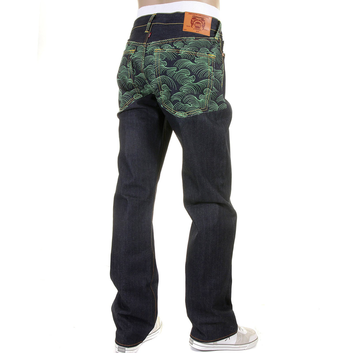 RMC MARTIN KSOHOH EXCLUSIVE VINTAGE CUT DARK INDIGO RAW DENIM JEANS WITH GREEN TSUNAMI WAVE EMBROIDERY REDM1881