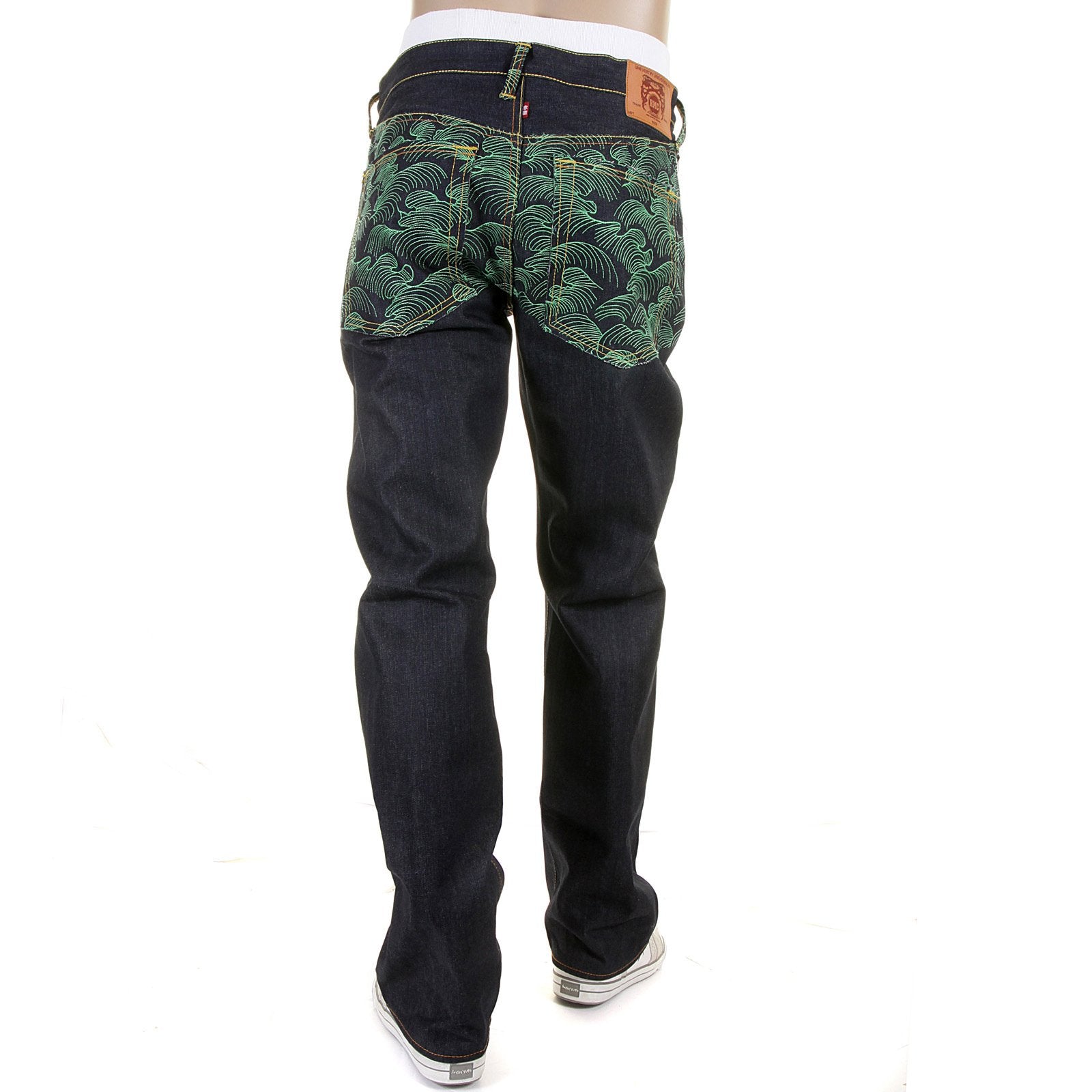 RMC MARTIN KSOHOH EXCLUSIVE VINTAGE CUT DARK INDIGO RAW DENIM JEANS WITH GREEN TSUNAMI WAVE EMBROIDERY REDM1881