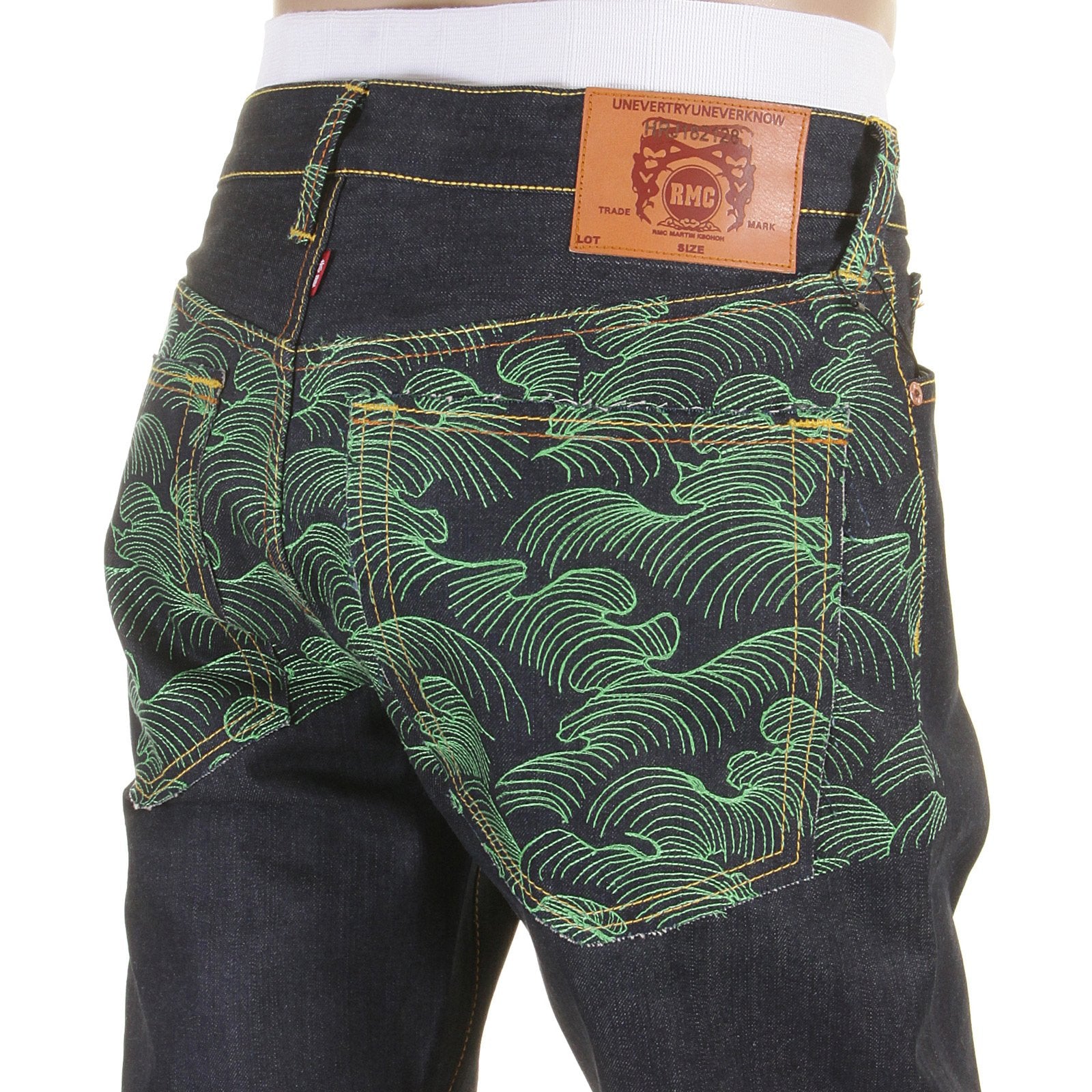 RMC MARTIN KSOHOH EXCLUSIVE VINTAGE CUT DARK INDIGO RAW DENIM JEANS WITH GREEN TSUNAMI WAVE EMBROIDERY REDM1881