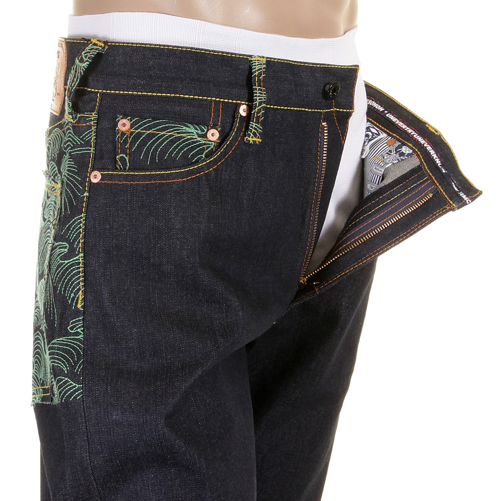 RMC MARTIN KSOHOH EXCLUSIVE VINTAGE CUT DARK INDIGO RAW DENIM JEANS WITH GREEN TSUNAMI WAVE EMBROIDERY REDM1881