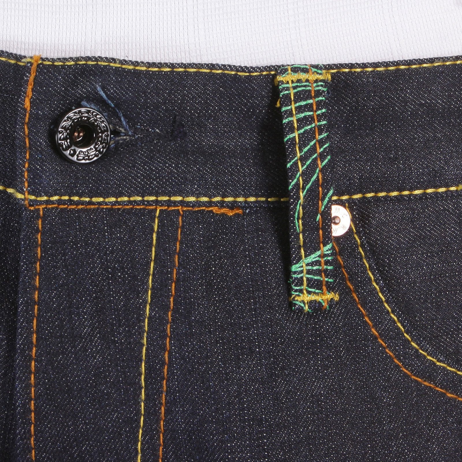 RMC MARTIN KSOHOH EXCLUSIVE VINTAGE CUT DARK INDIGO RAW DENIM JEANS WITH GREEN TSUNAMI WAVE EMBROIDERY REDM1881