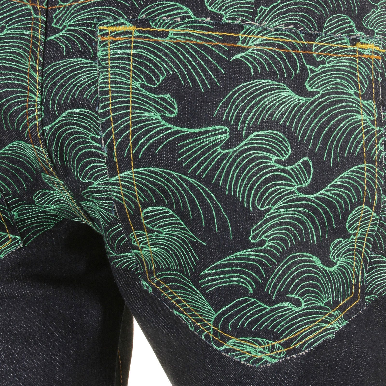RMC MARTIN KSOHOH EXCLUSIVE VINTAGE CUT DARK INDIGO RAW DENIM JEANS WITH GREEN TSUNAMI WAVE EMBROIDERY REDM1881