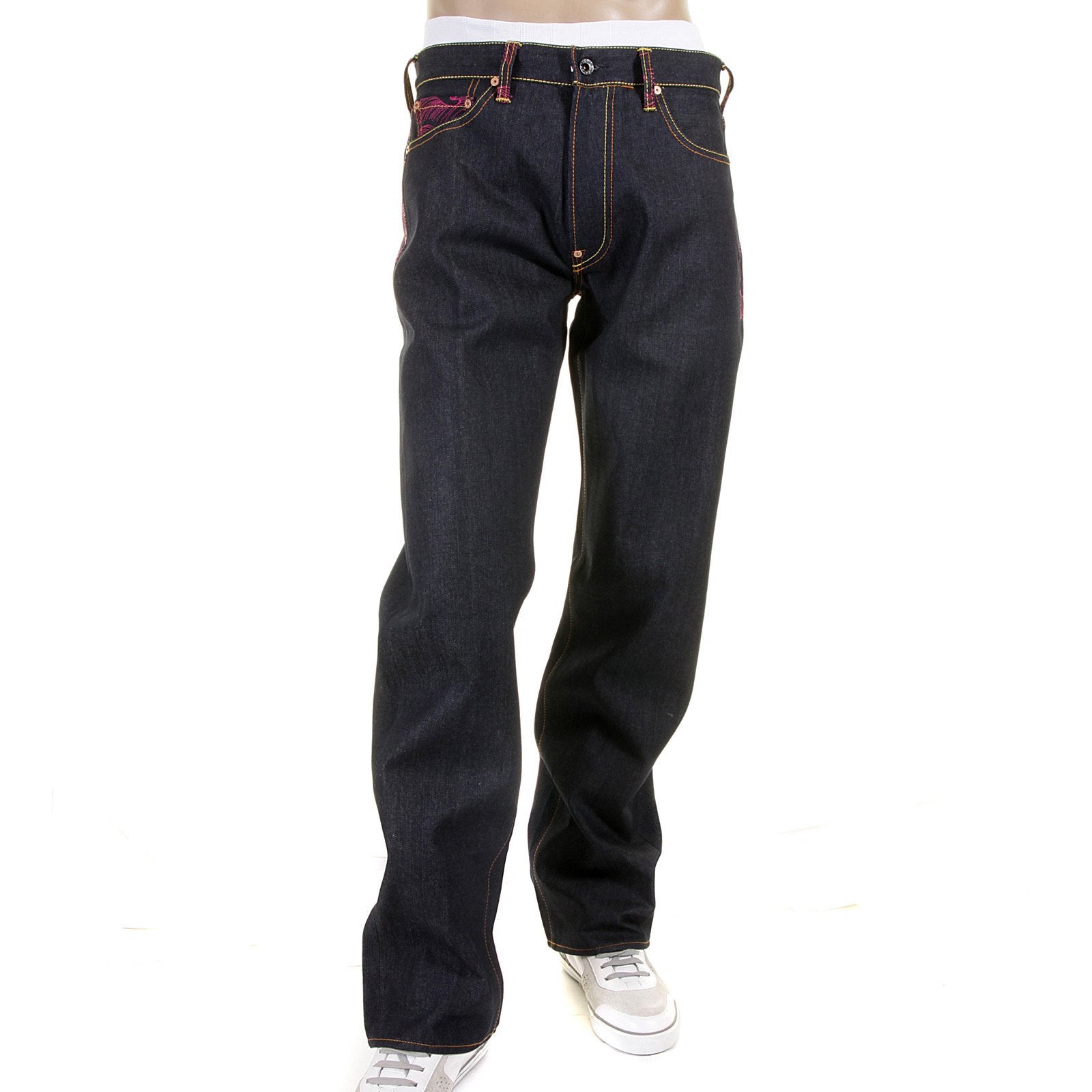RMC MARTIN KSOHOH GENUINE VINTAGE CUT DARK INDIGO RAW DENIM JEANS WITH FUCHSIA TSUNAMI WAVE EMBROIDERY REDM1911