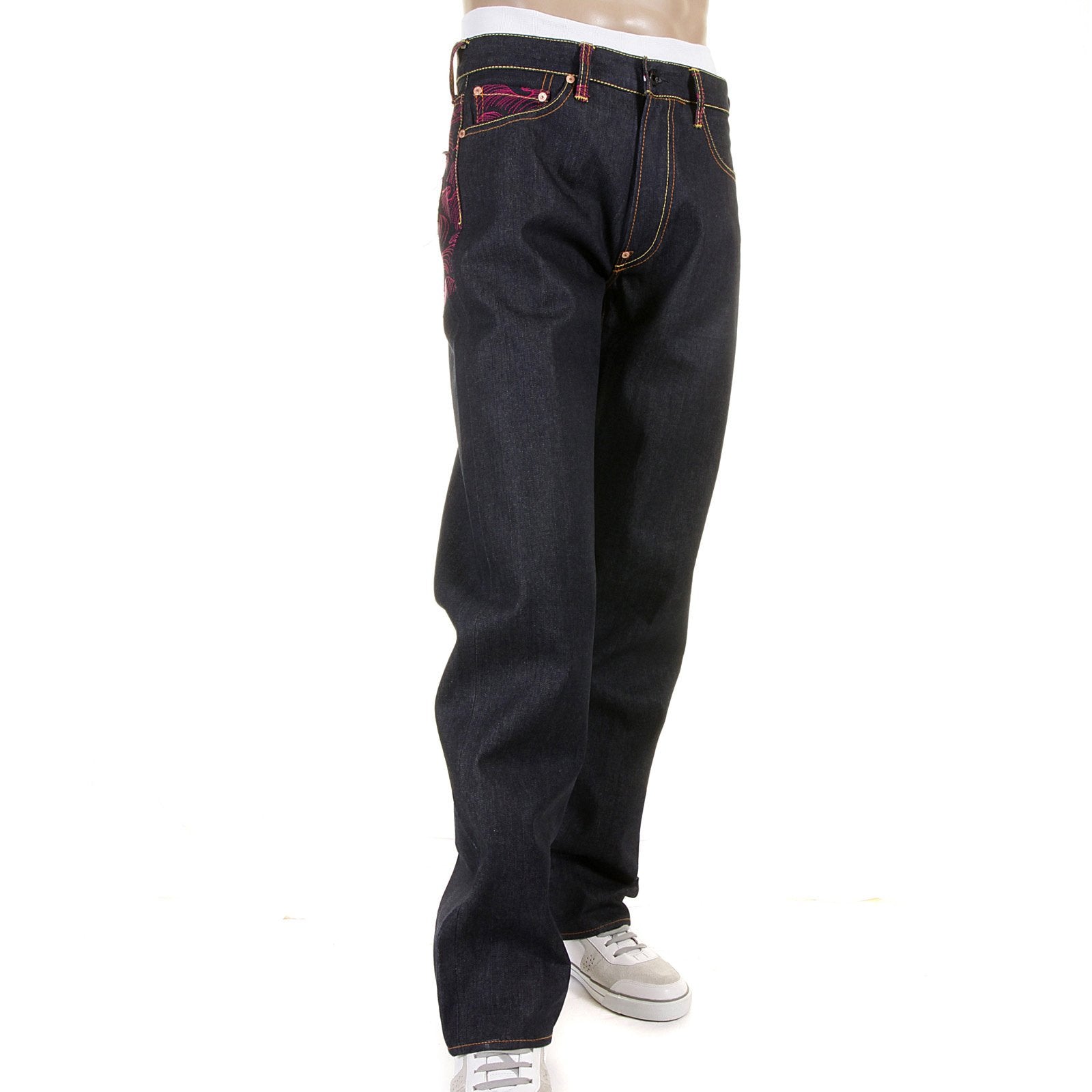 RMC MARTIN KSOHOH GENUINE VINTAGE CUT DARK INDIGO RAW DENIM JEANS WITH FUCHSIA TSUNAMI WAVE EMBROIDERY REDM1911