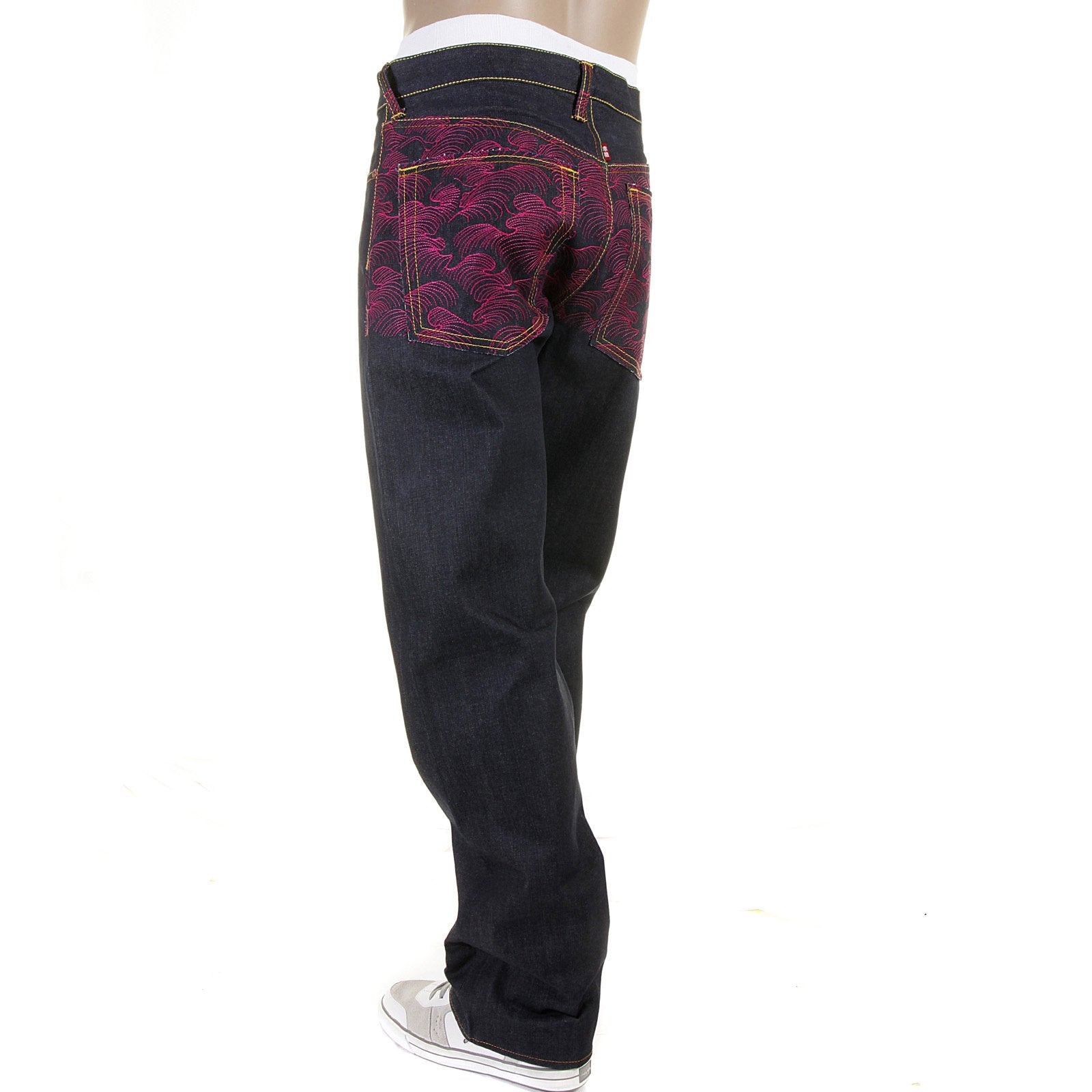RMC MARTIN KSOHOH GENUINE VINTAGE CUT DARK INDIGO RAW DENIM JEANS WITH FUCHSIA TSUNAMI WAVE EMBROIDERY REDM1911