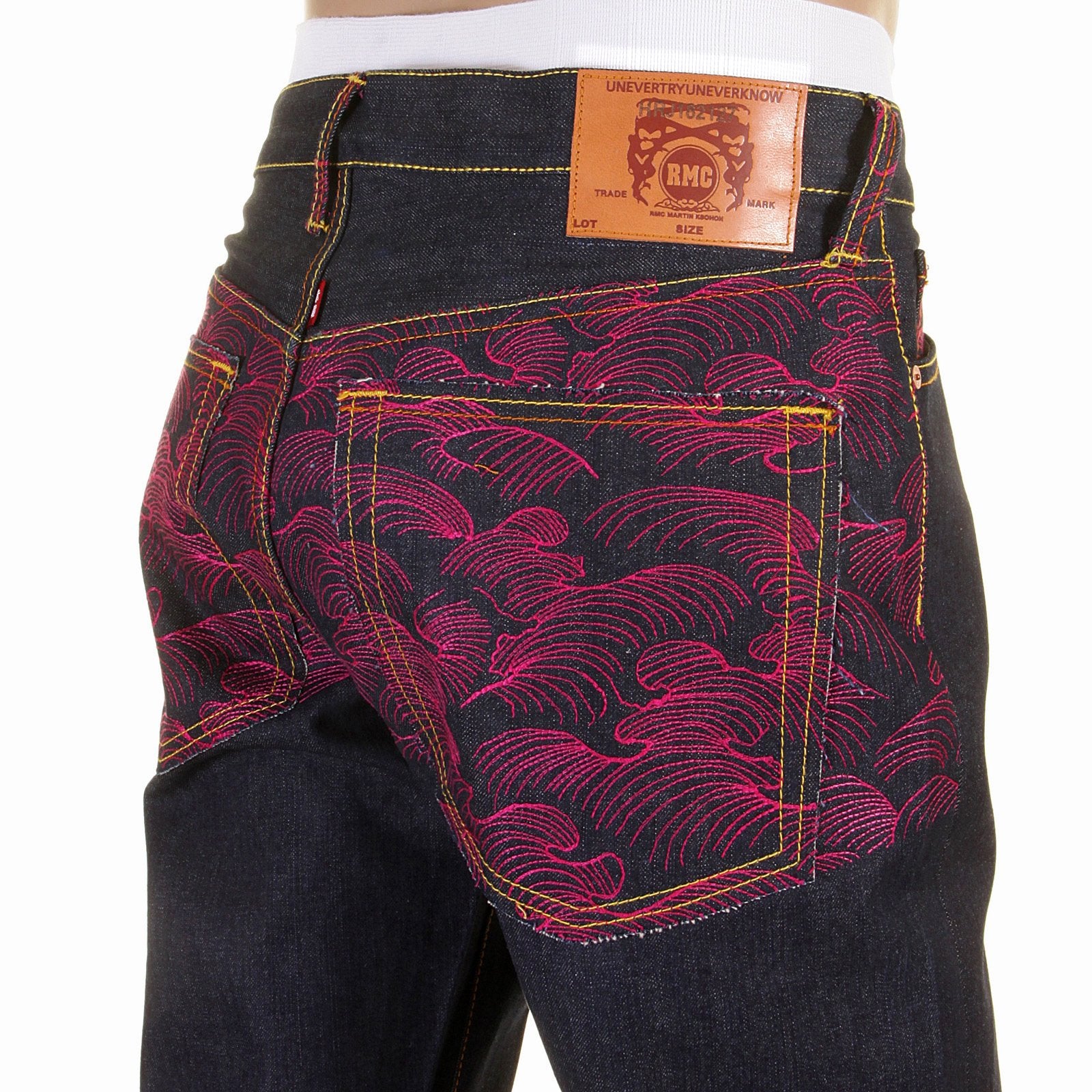 RMC MARTIN KSOHOH GENUINE VINTAGE CUT DARK INDIGO RAW DENIM JEANS WITH FUCHSIA TSUNAMI WAVE EMBROIDERY REDM1911