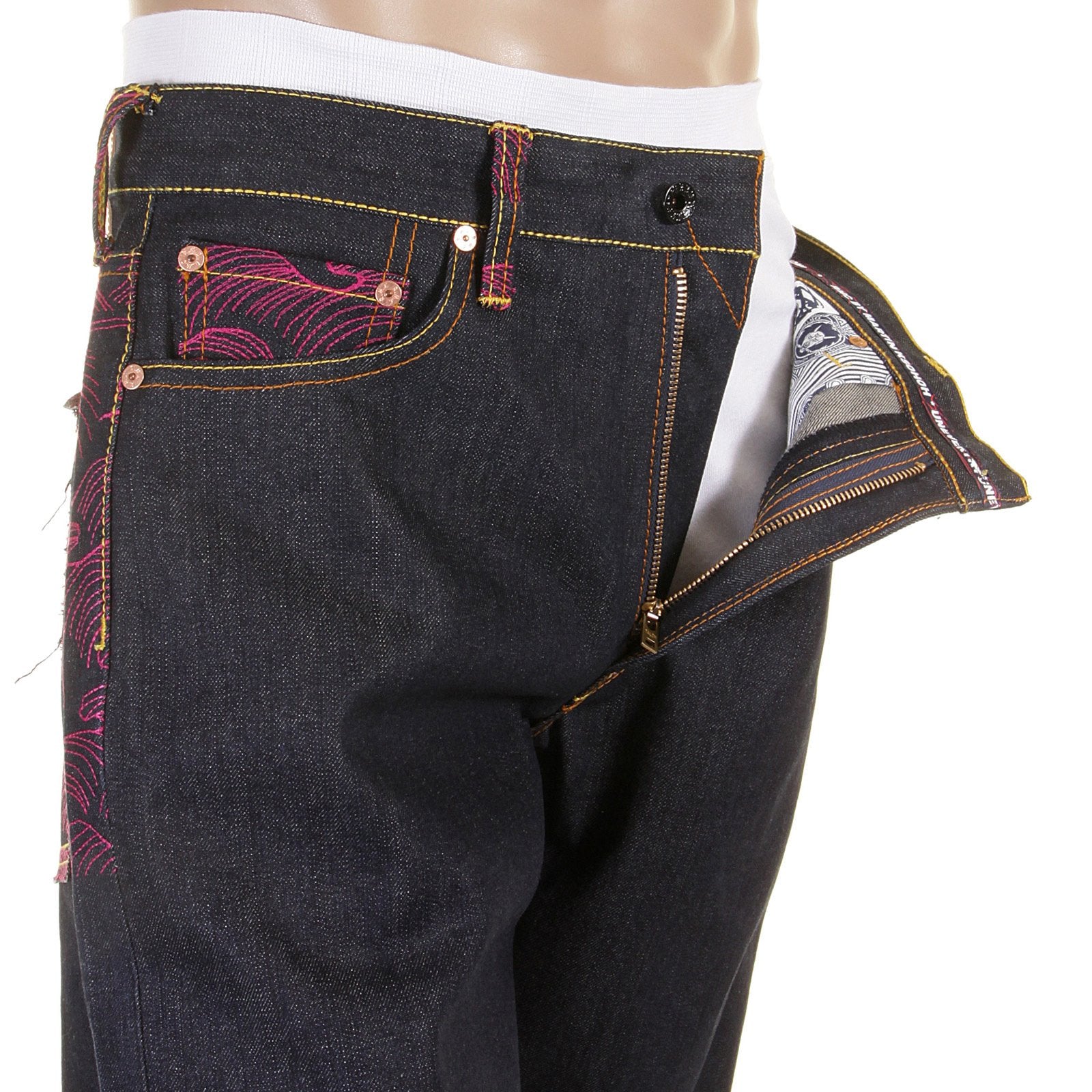 RMC MARTIN KSOHOH GENUINE VINTAGE CUT DARK INDIGO RAW DENIM JEANS WITH FUCHSIA TSUNAMI WAVE EMBROIDERY REDM1911