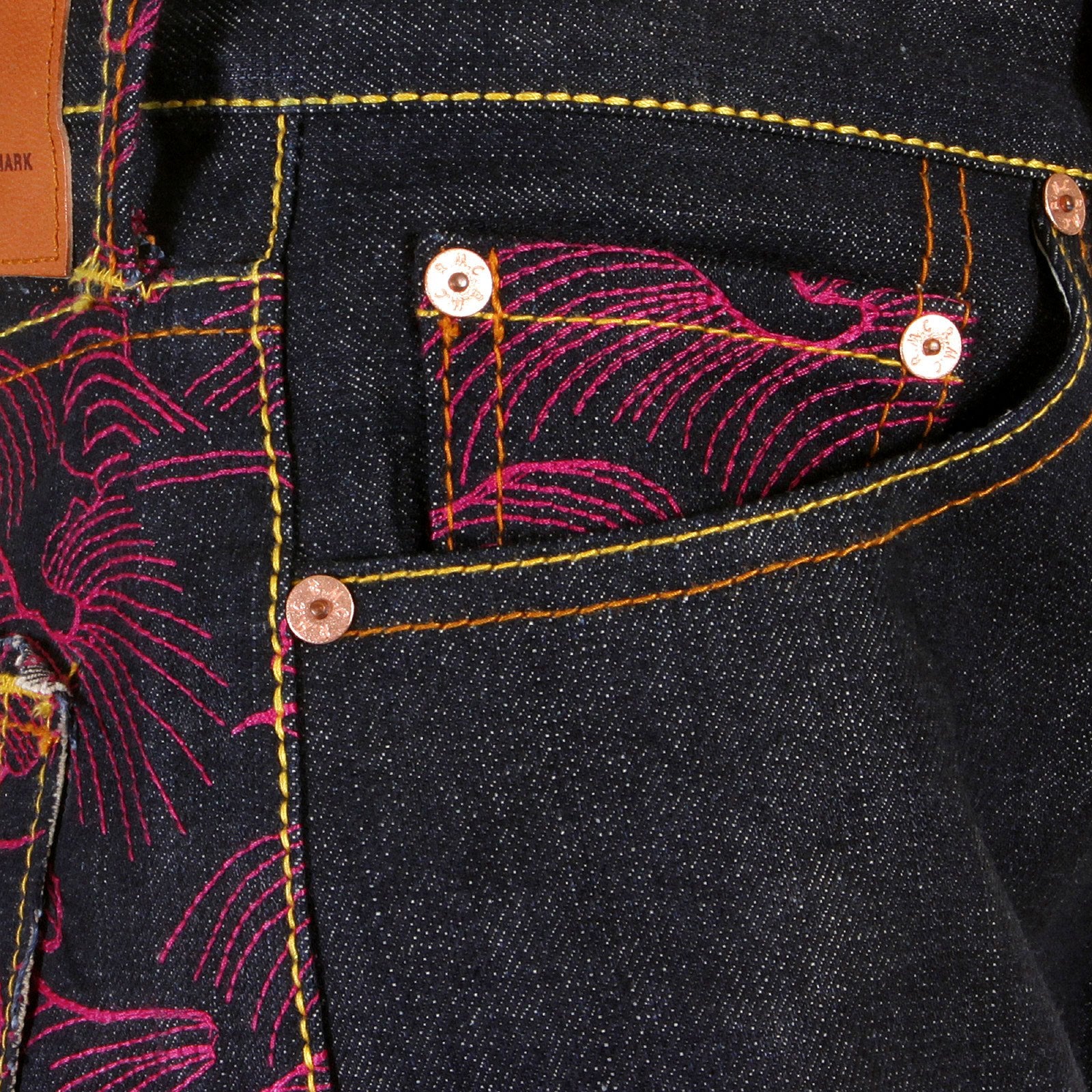 RMC MARTIN KSOHOH GENUINE VINTAGE CUT DARK INDIGO RAW DENIM JEANS WITH FUCHSIA TSUNAMI WAVE EMBROIDERY REDM1911