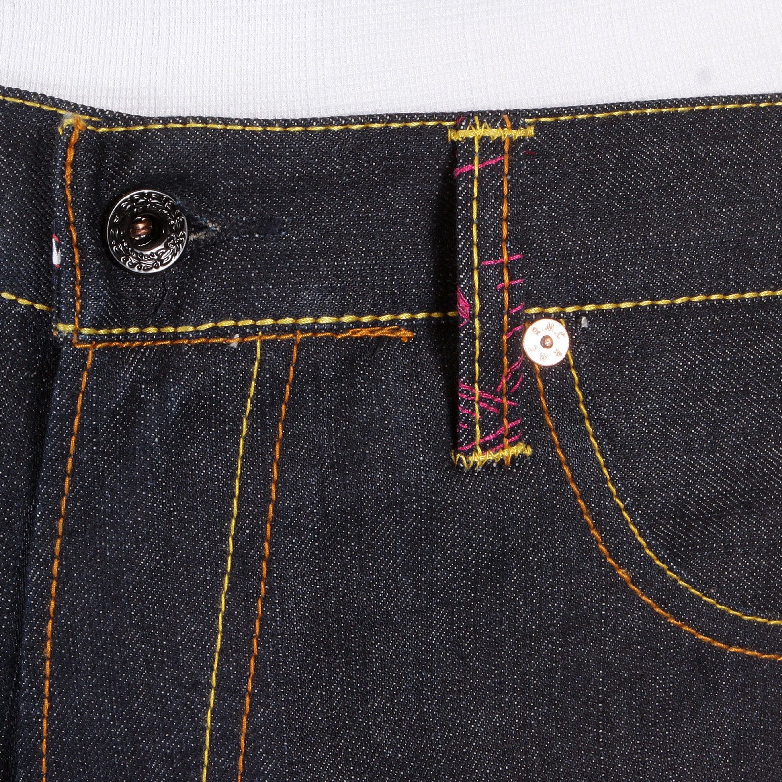 RMC MARTIN KSOHOH GENUINE VINTAGE CUT DARK INDIGO RAW DENIM JEANS WITH FUCHSIA TSUNAMI WAVE EMBROIDERY REDM1911