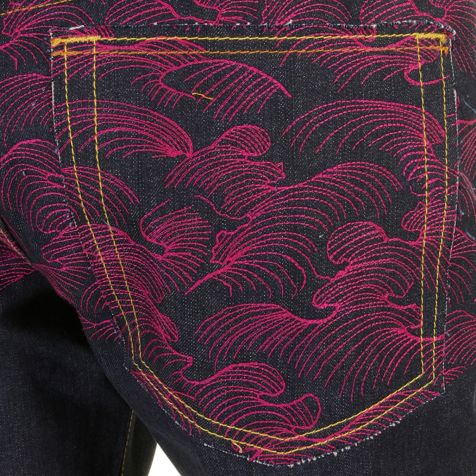 RMC MARTIN KSOHOH GENUINE VINTAGE CUT DARK INDIGO RAW DENIM JEANS WITH FUCHSIA TSUNAMI WAVE EMBROIDERY REDM1911