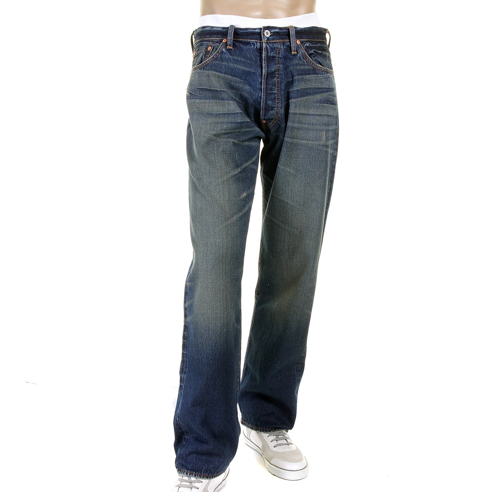 RMC MARTIN KSOHOH MENS VINTAGE LIGHT WASH DENIM JEANS WITH DISTRESSED EDGES AND OVEN BAKED CREASE REDM2284