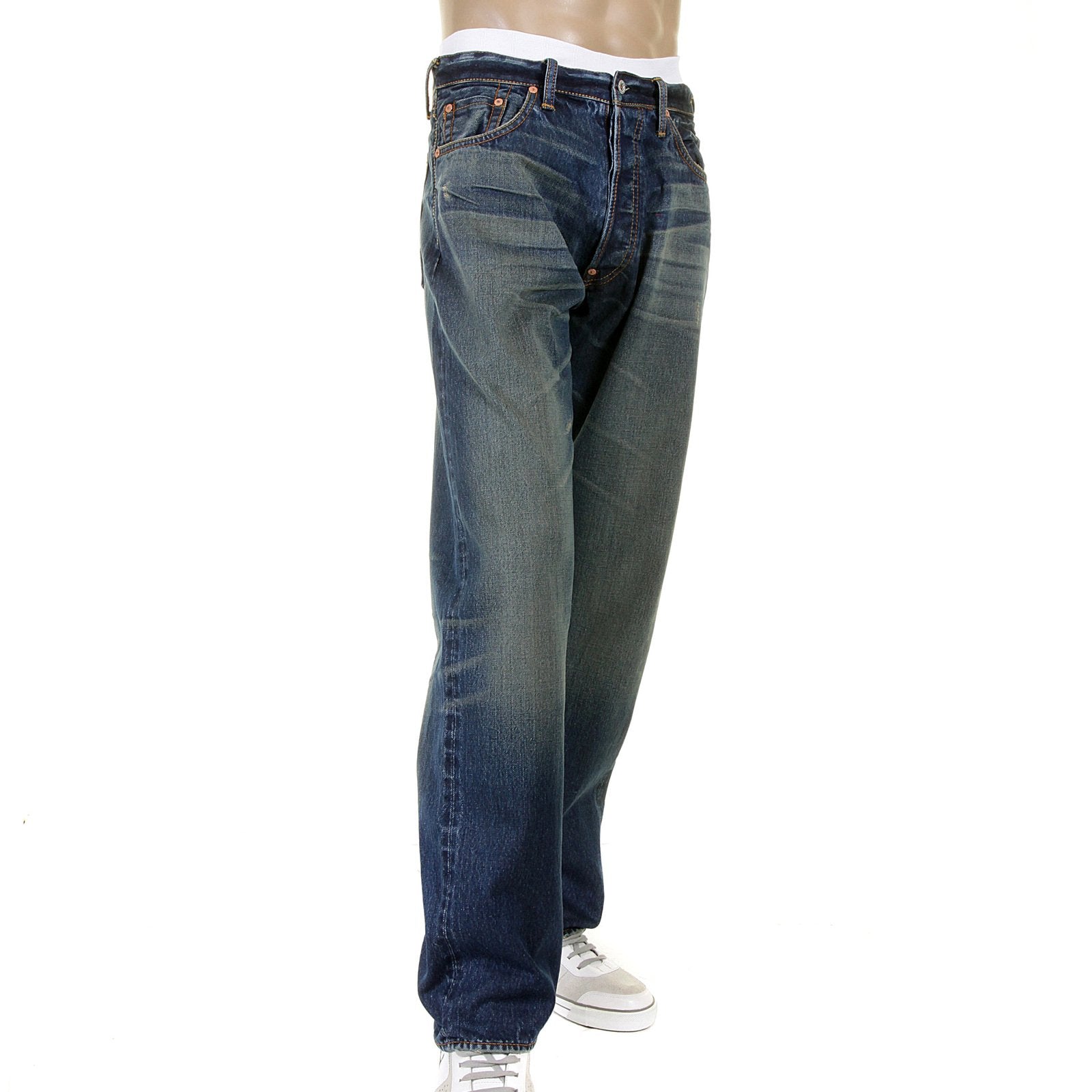 RMC MARTIN KSOHOH MENS VINTAGE LIGHT WASH DENIM JEANS WITH DISTRESSED EDGES AND OVEN BAKED CREASE REDM2284