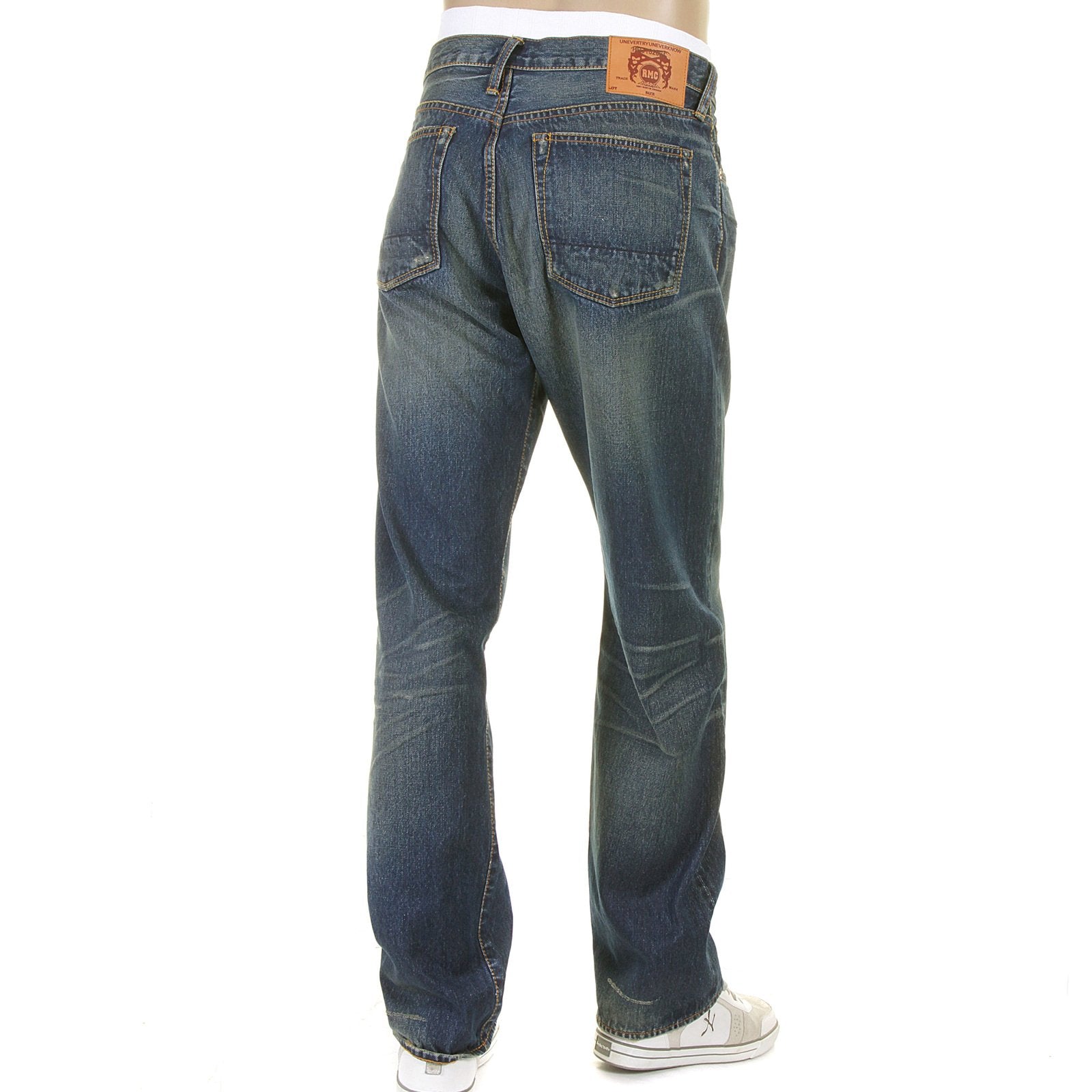 RMC MARTIN KSOHOH MENS VINTAGE LIGHT WASH DENIM JEANS WITH DISTRESSED EDGES AND OVEN BAKED CREASE REDM2284
