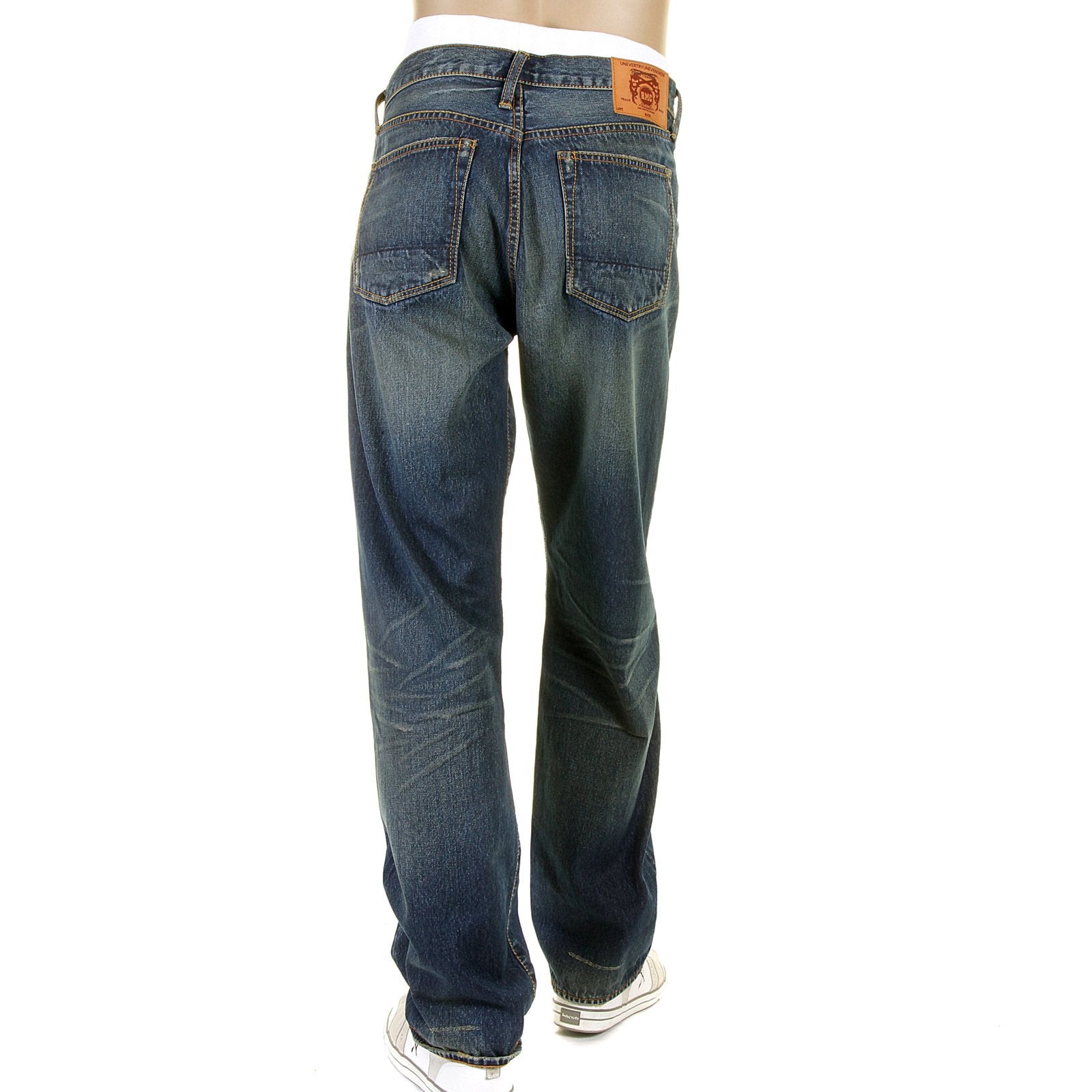 RMC MARTIN KSOHOH MENS VINTAGE LIGHT WASH DENIM JEANS WITH DISTRESSED EDGES AND OVEN BAKED CREASE REDM2284