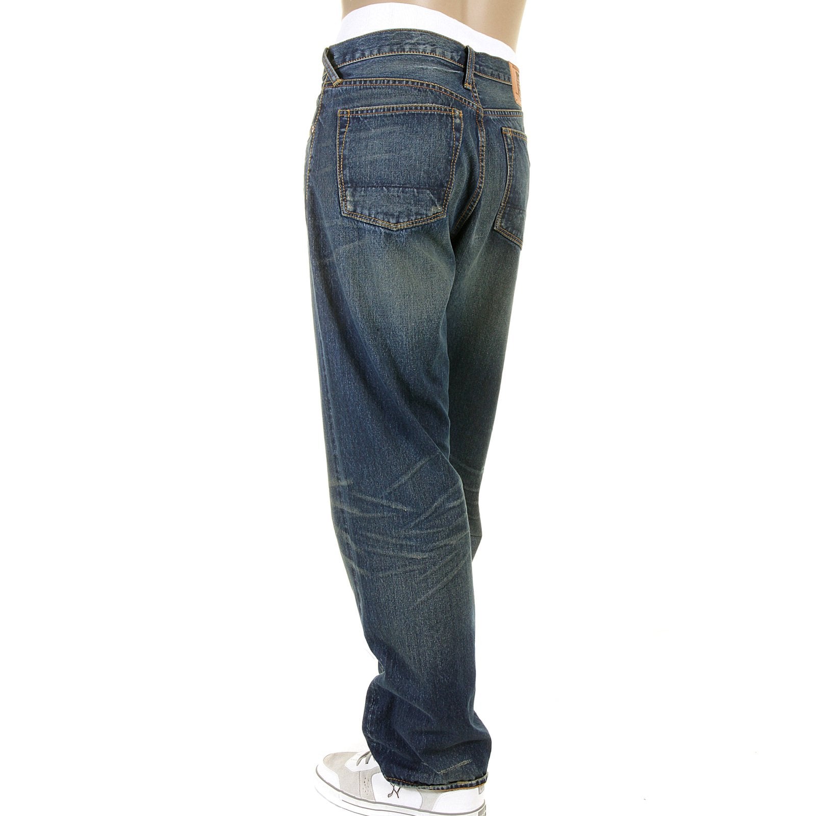 RMC MARTIN KSOHOH MENS VINTAGE LIGHT WASH DENIM JEANS WITH DISTRESSED EDGES AND OVEN BAKED CREASE REDM2284