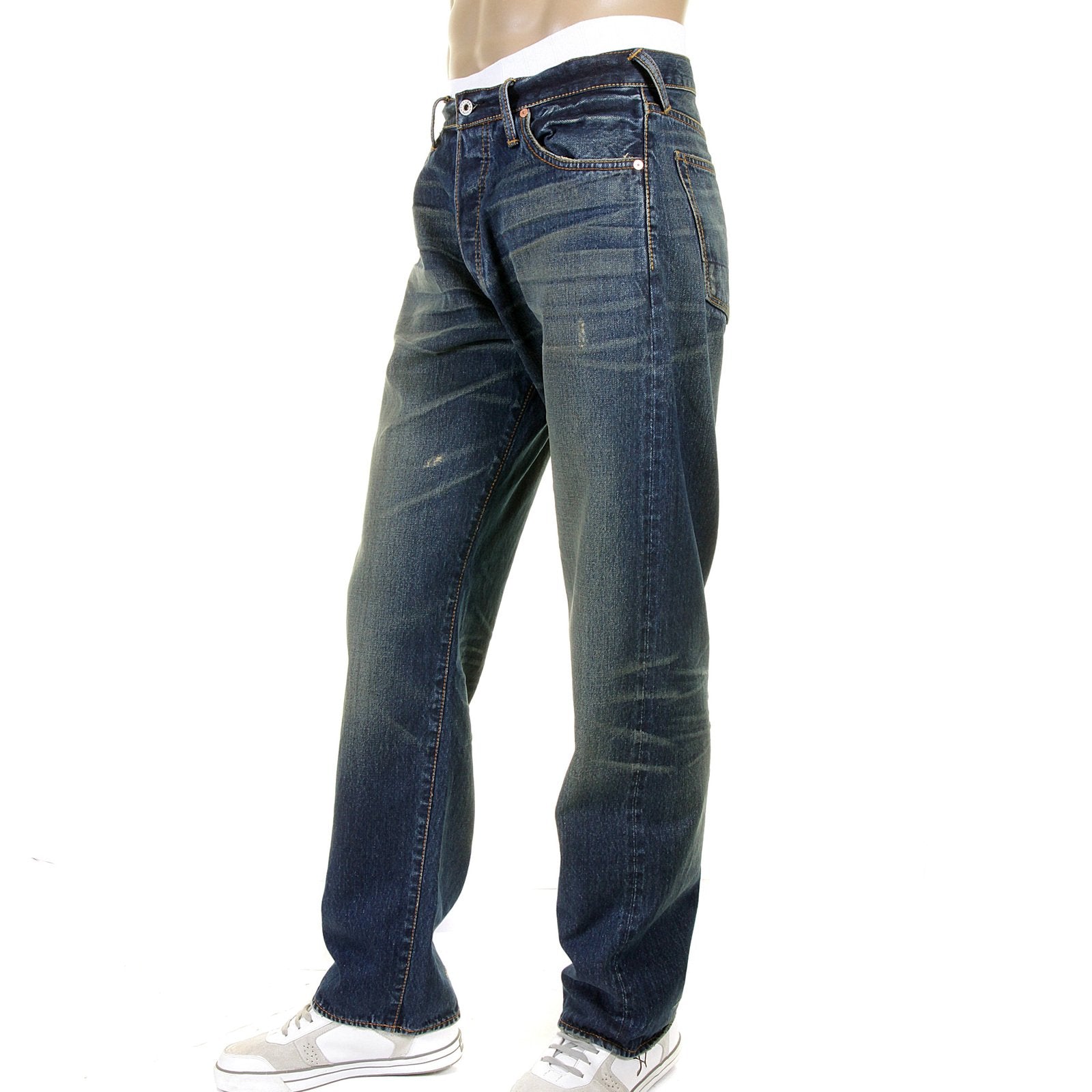 RMC MARTIN KSOHOH MENS VINTAGE LIGHT WASH DENIM JEANS WITH DISTRESSED EDGES AND OVEN BAKED CREASE REDM2284