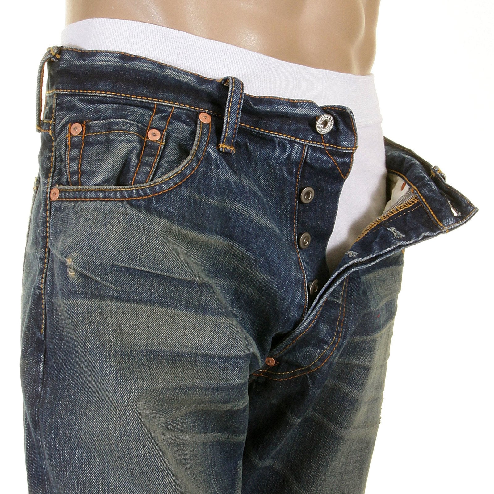 RMC MARTIN KSOHOH MENS VINTAGE LIGHT WASH DENIM JEANS WITH DISTRESSED EDGES AND OVEN BAKED CREASE REDM2284