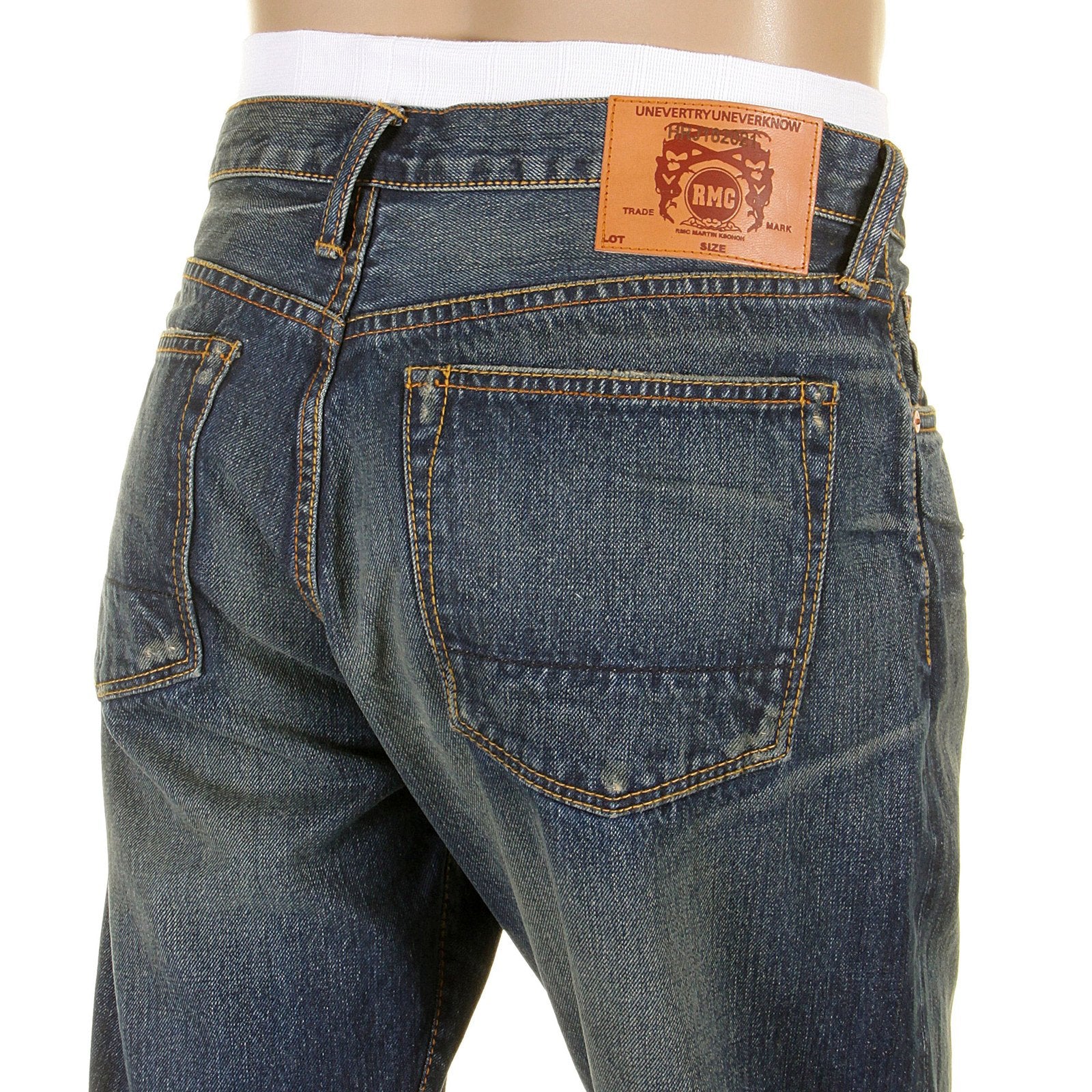 RMC MARTIN KSOHOH MENS VINTAGE LIGHT WASH DENIM JEANS WITH DISTRESSED EDGES AND OVEN BAKED CREASE REDM2284