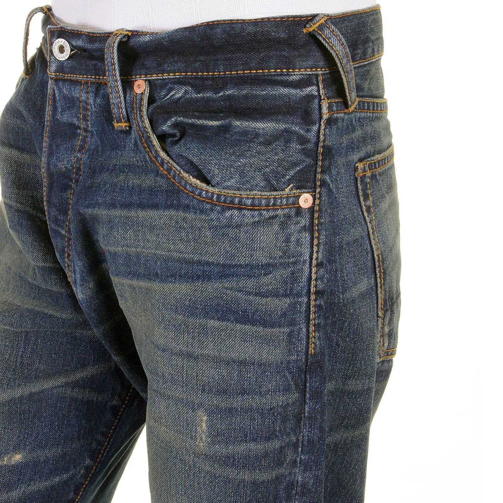 RMC MARTIN KSOHOH MENS VINTAGE LIGHT WASH DENIM JEANS WITH DISTRESSED EDGES AND OVEN BAKED CREASE REDM2284