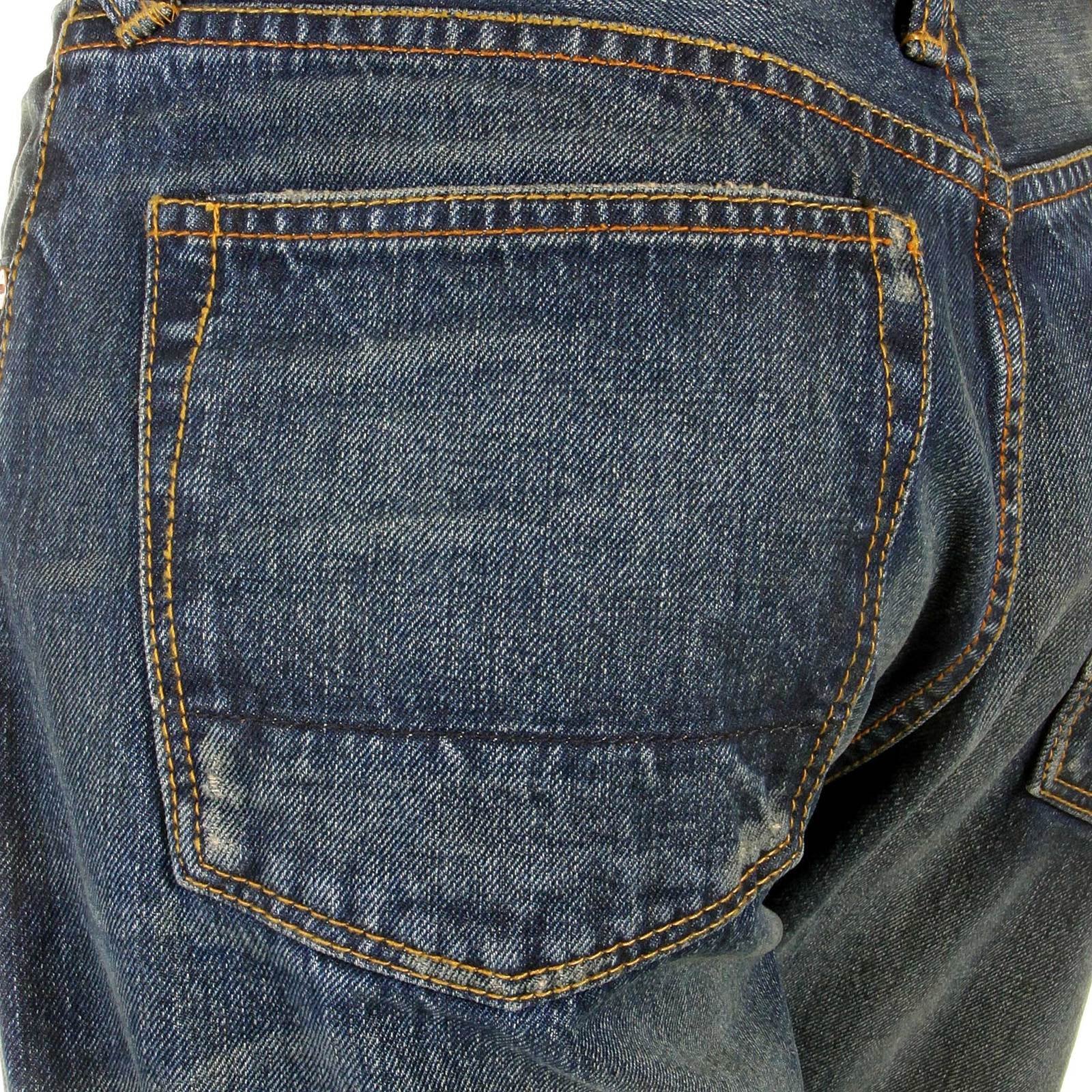 RMC MARTIN KSOHOH MENS VINTAGE LIGHT WASH DENIM JEANS WITH DISTRESSED EDGES AND OVEN BAKED CREASE REDM2284