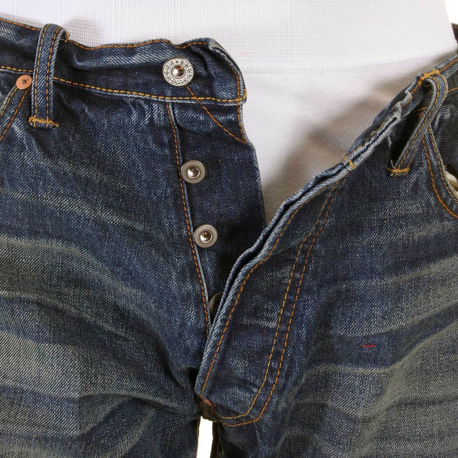 RMC MARTIN KSOHOH MENS VINTAGE LIGHT WASH DENIM JEANS WITH DISTRESSED EDGES AND OVEN BAKED CREASE REDM2284
