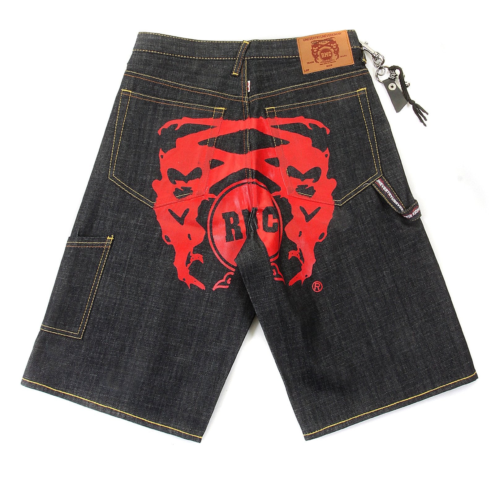 RMC JEANS 100% COTTON LOGOA MENS CARGO DENIM SHORTS WITH SUPER EXCLUSIVE RED PAINTED LOGO REDM3732