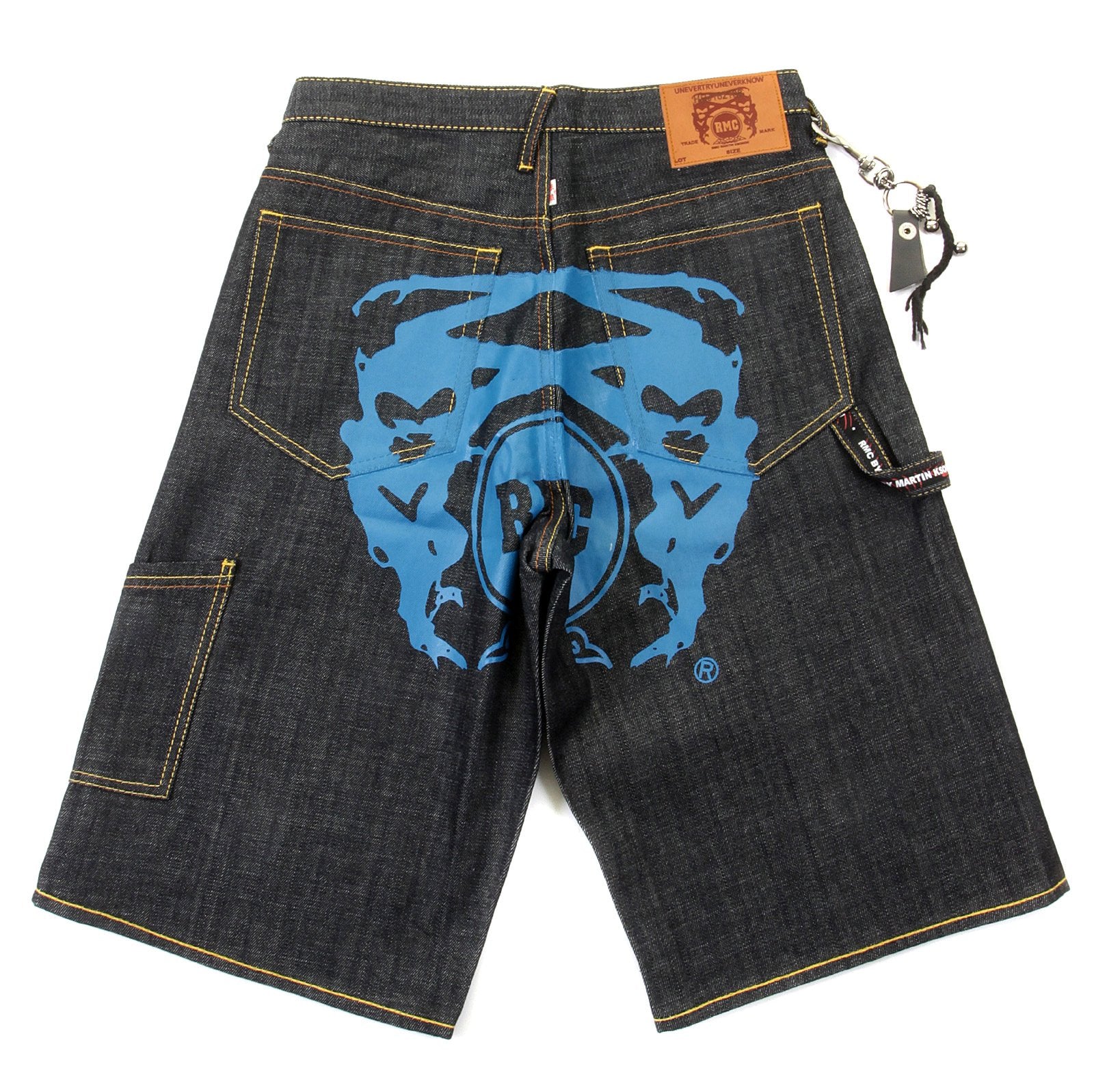 RMC JEANS LOGOA MENS CARGO DENIM SHORTS WITH SUPER EXCLUSIVE BLUE PAINTED LOGO REDM3733