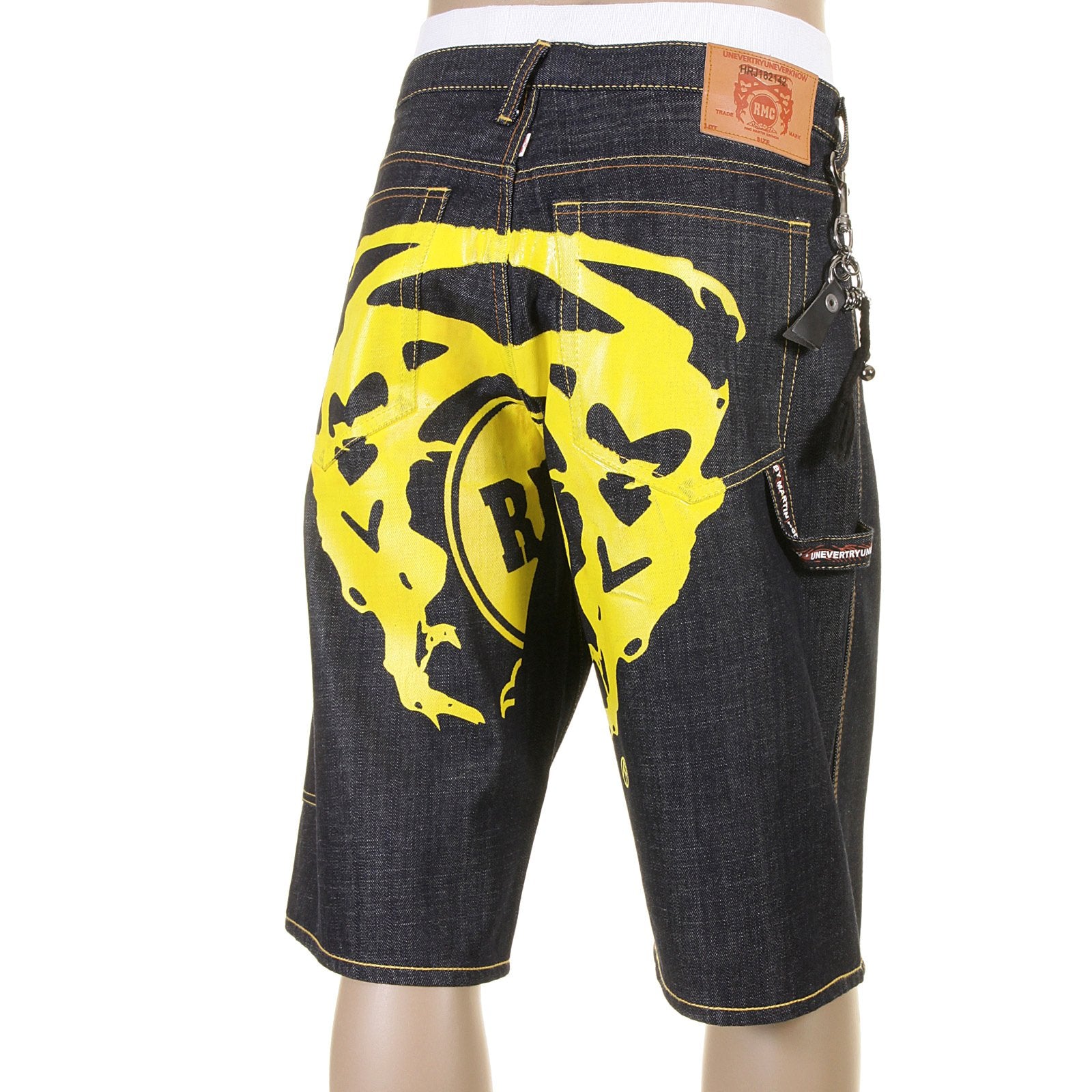 RMC JEANS LOGOA 100% COTTON MENS CARGO DENIM SHORTS WITH SUPER EXCLUSIVE YELLOW PAINTED LOGO REDM3735