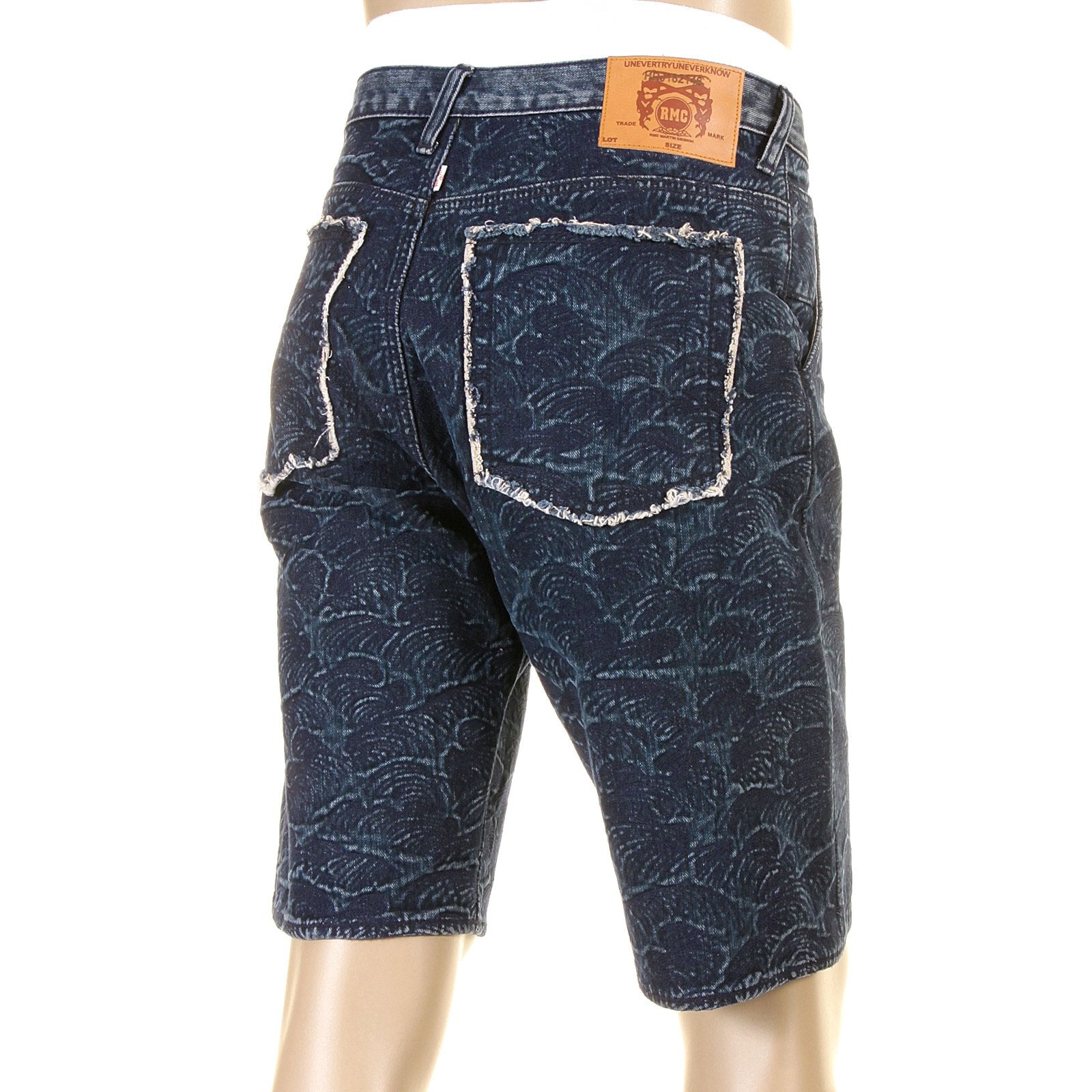 RMC JEANS GENUINE SELVEDGE DENIM SHORTS WITH SUPER EXCLUSIVE DARK BLUE TSUNAMI WAVE EMBROIDERY REDM3739