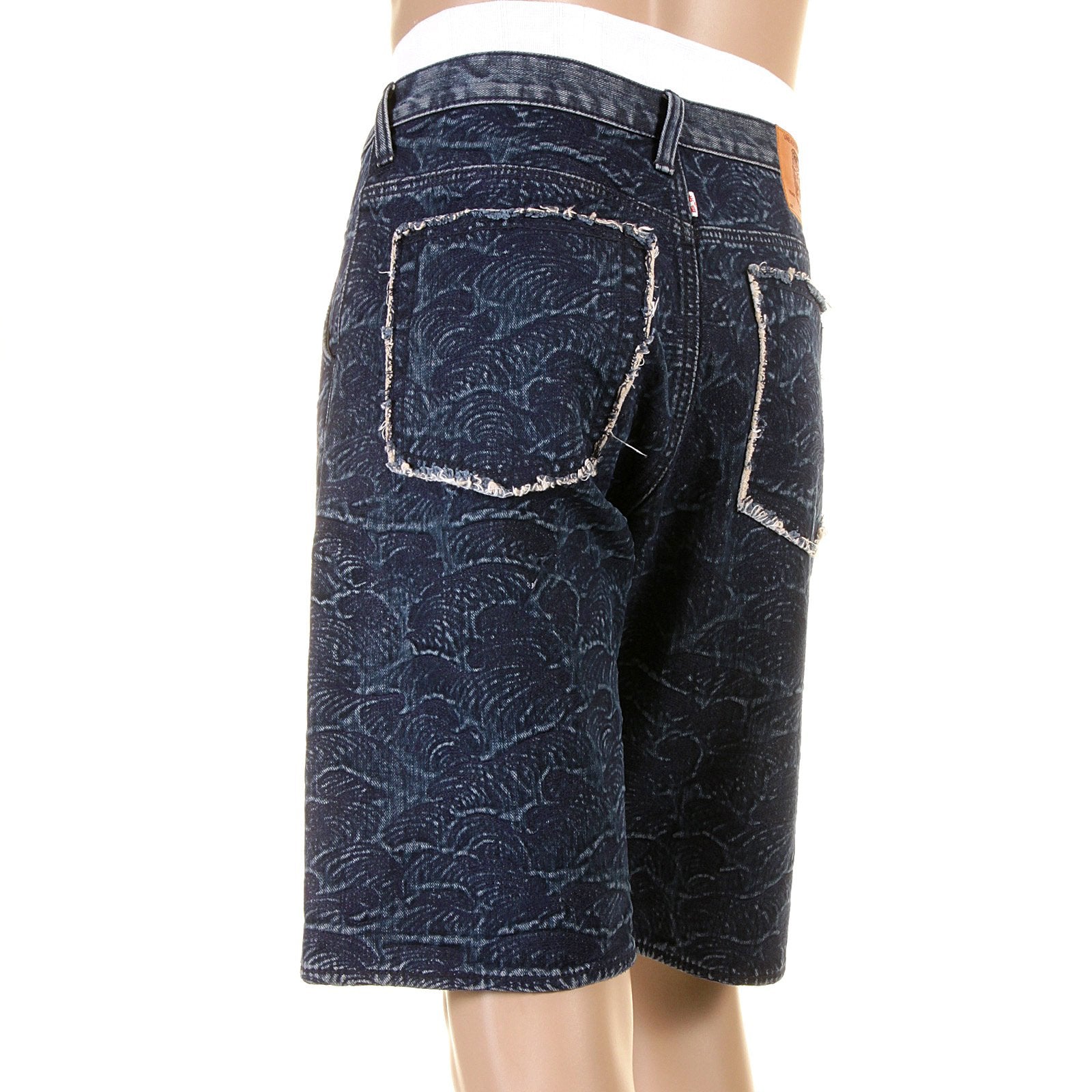 RMC JEANS GENUINE SELVEDGE DENIM SHORTS WITH SUPER EXCLUSIVE DARK BLUE TSUNAMI WAVE EMBROIDERY REDM3739