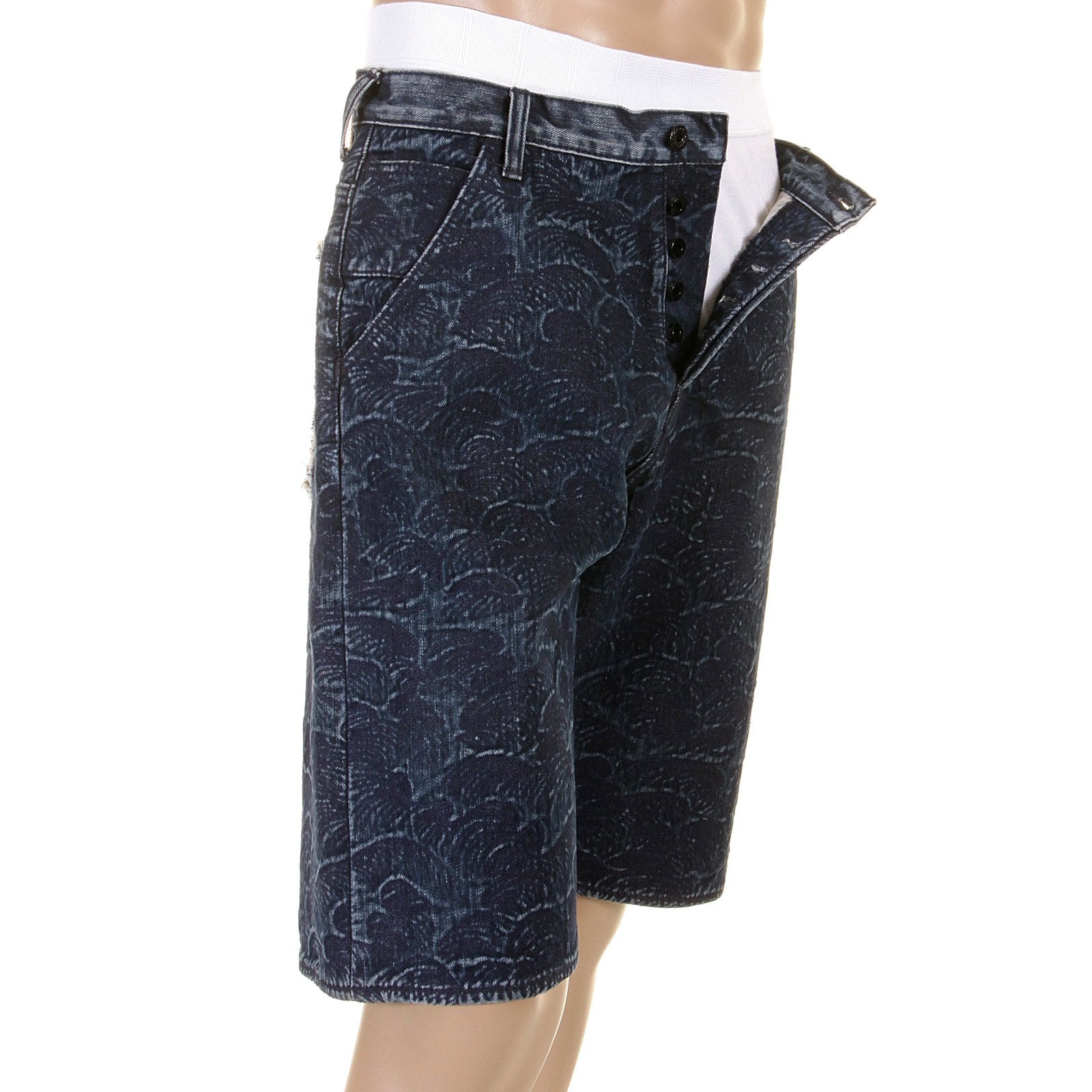 RMC JEANS GENUINE SELVEDGE DENIM SHORTS WITH SUPER EXCLUSIVE DARK BLUE TSUNAMI WAVE EMBROIDERY REDM3739