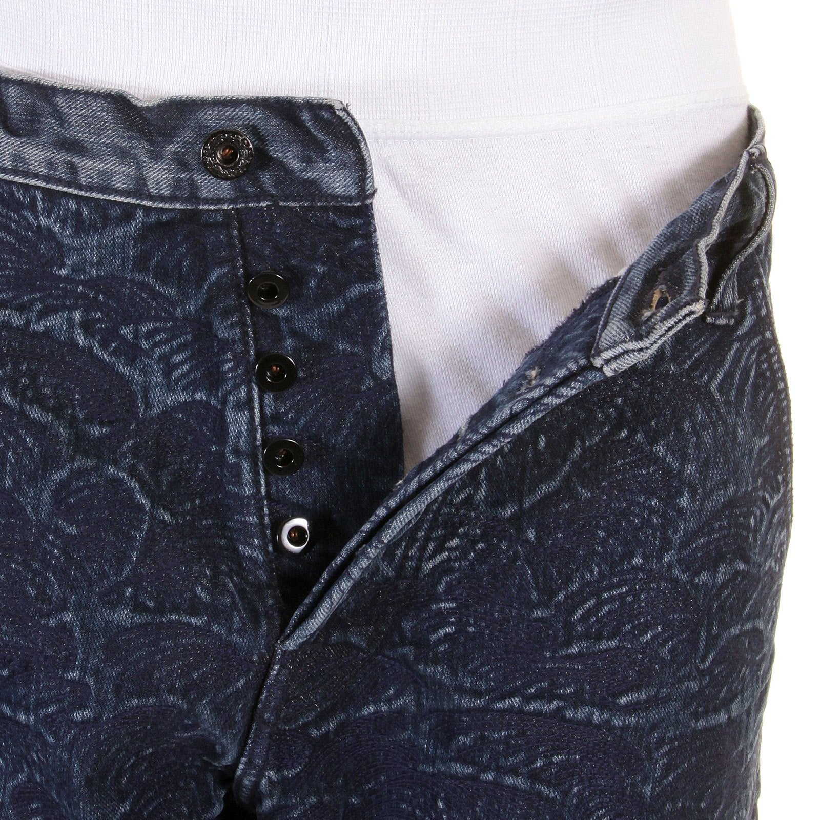 RMC JEANS GENUINE SELVEDGE DENIM SHORTS WITH SUPER EXCLUSIVE DARK BLUE TSUNAMI WAVE EMBROIDERY REDM3739