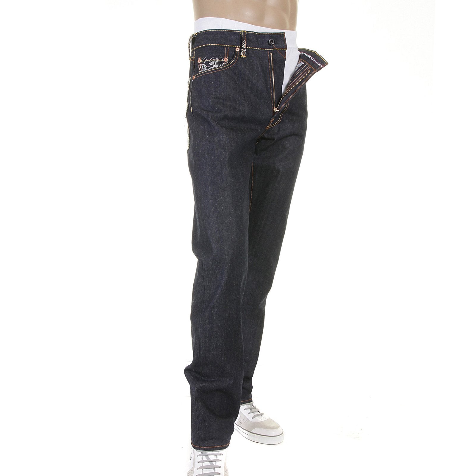 RMC SLIMMER CUT 1001 MODEL DARK INDIGO 888 RAW DENIM JEANS WITH ROCK N ROLL AND TSUNAMI WAVE EMBROIDERY REDM4604