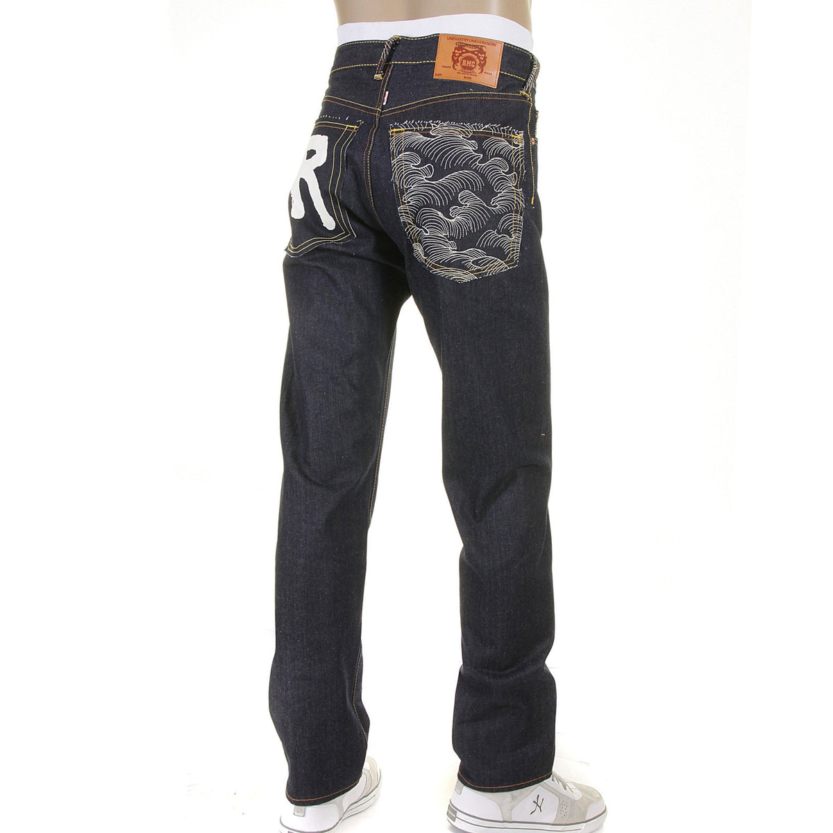RMC SLIMMER CUT 1001 MODEL DARK INDIGO 888 RAW DENIM JEANS WITH ROCK N ROLL AND TSUNAMI WAVE EMBROIDERY REDM4604