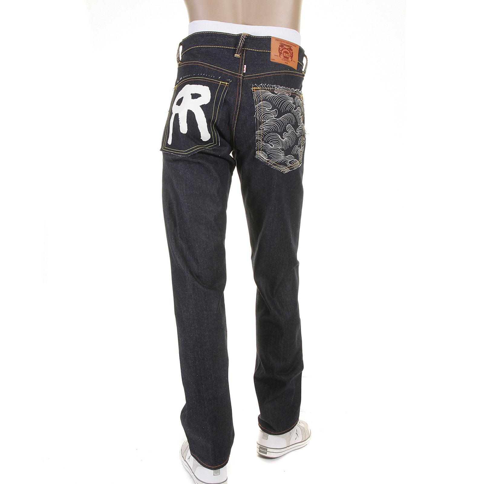 RMC SLIMMER CUT 1001 MODEL DARK INDIGO 888 RAW DENIM JEANS WITH ROCK N ROLL AND TSUNAMI WAVE EMBROIDERY REDM4604