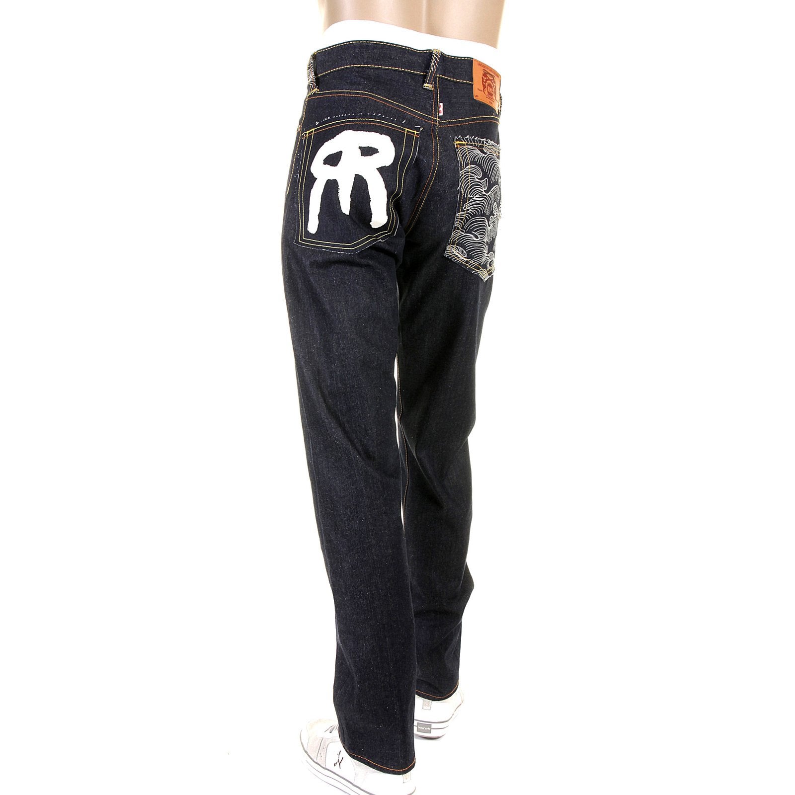 RMC SLIMMER CUT 1001 MODEL DARK INDIGO 888 RAW DENIM JEANS WITH ROCK N ROLL AND TSUNAMI WAVE EMBROIDERY REDM4604