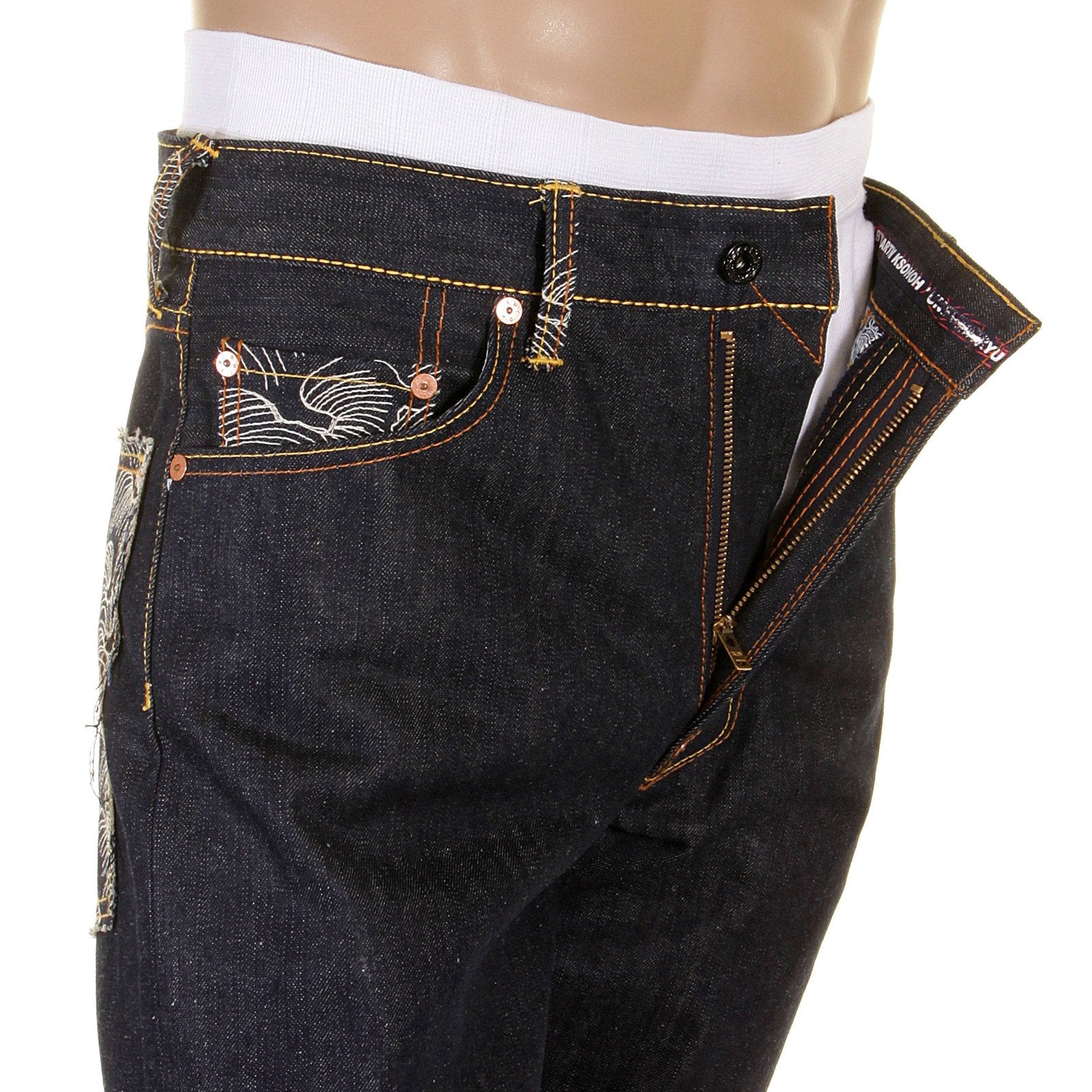 RMC SLIMMER CUT 1001 MODEL DARK INDIGO 888 RAW DENIM JEANS WITH ROCK N ROLL AND TSUNAMI WAVE EMBROIDERY REDM4604