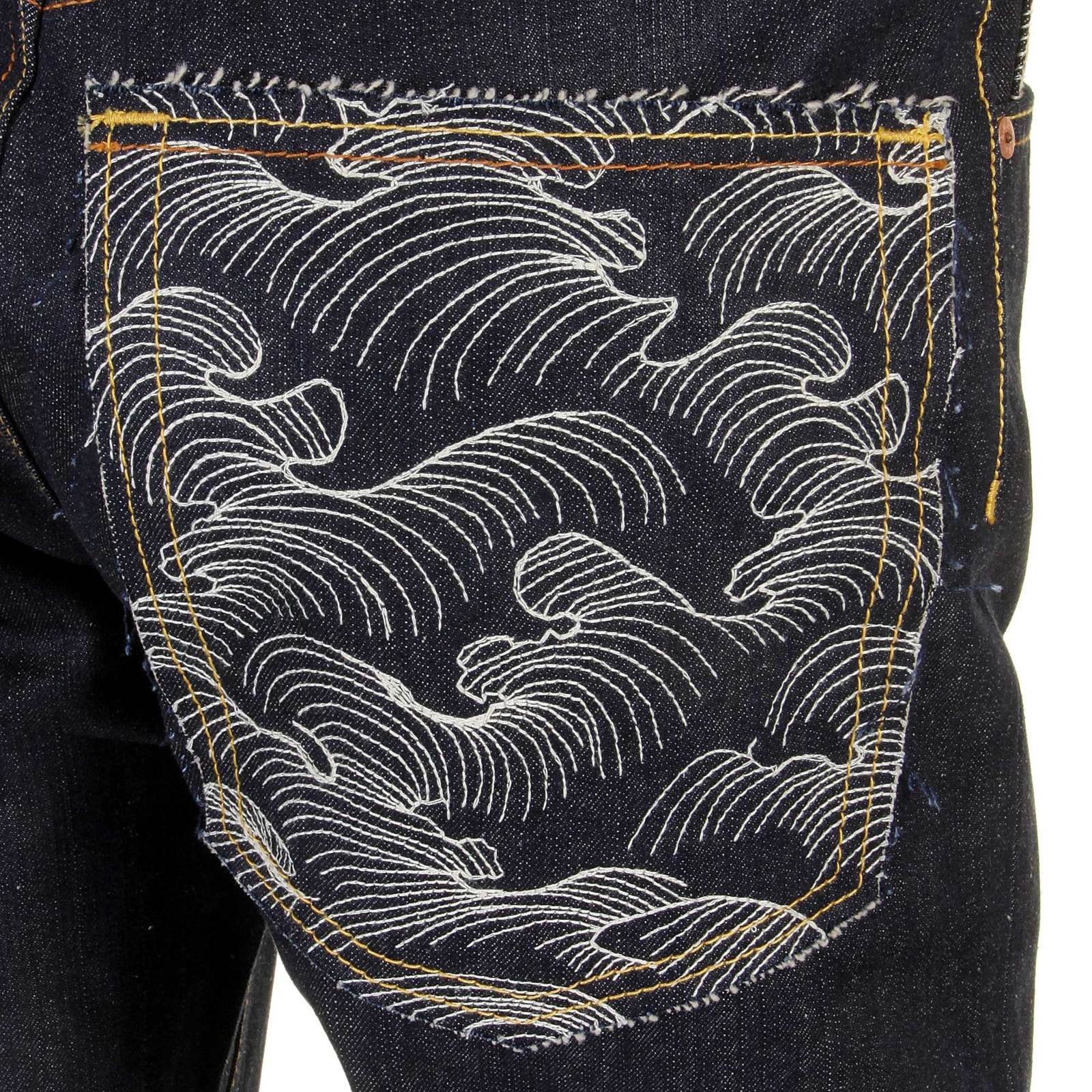 RMC SLIMMER CUT 1001 MODEL DARK INDIGO 888 RAW DENIM JEANS WITH ROCK N ROLL AND TSUNAMI WAVE EMBROIDERY REDM4604