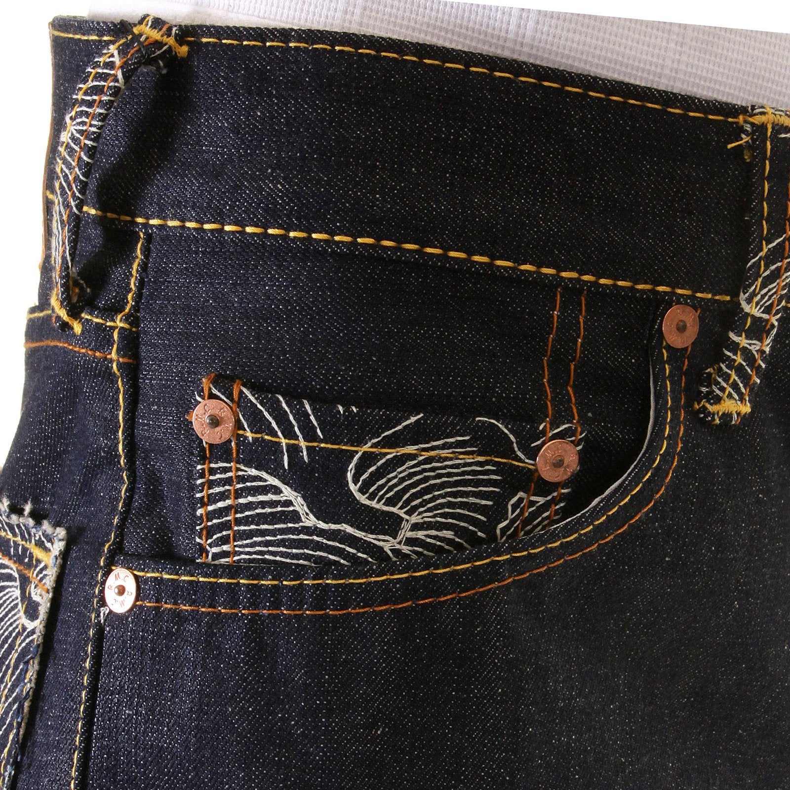 RMC SLIMMER CUT 1001 MODEL DARK INDIGO 888 RAW DENIM JEANS WITH ROCK N ROLL AND TSUNAMI WAVE EMBROIDERY REDM4604