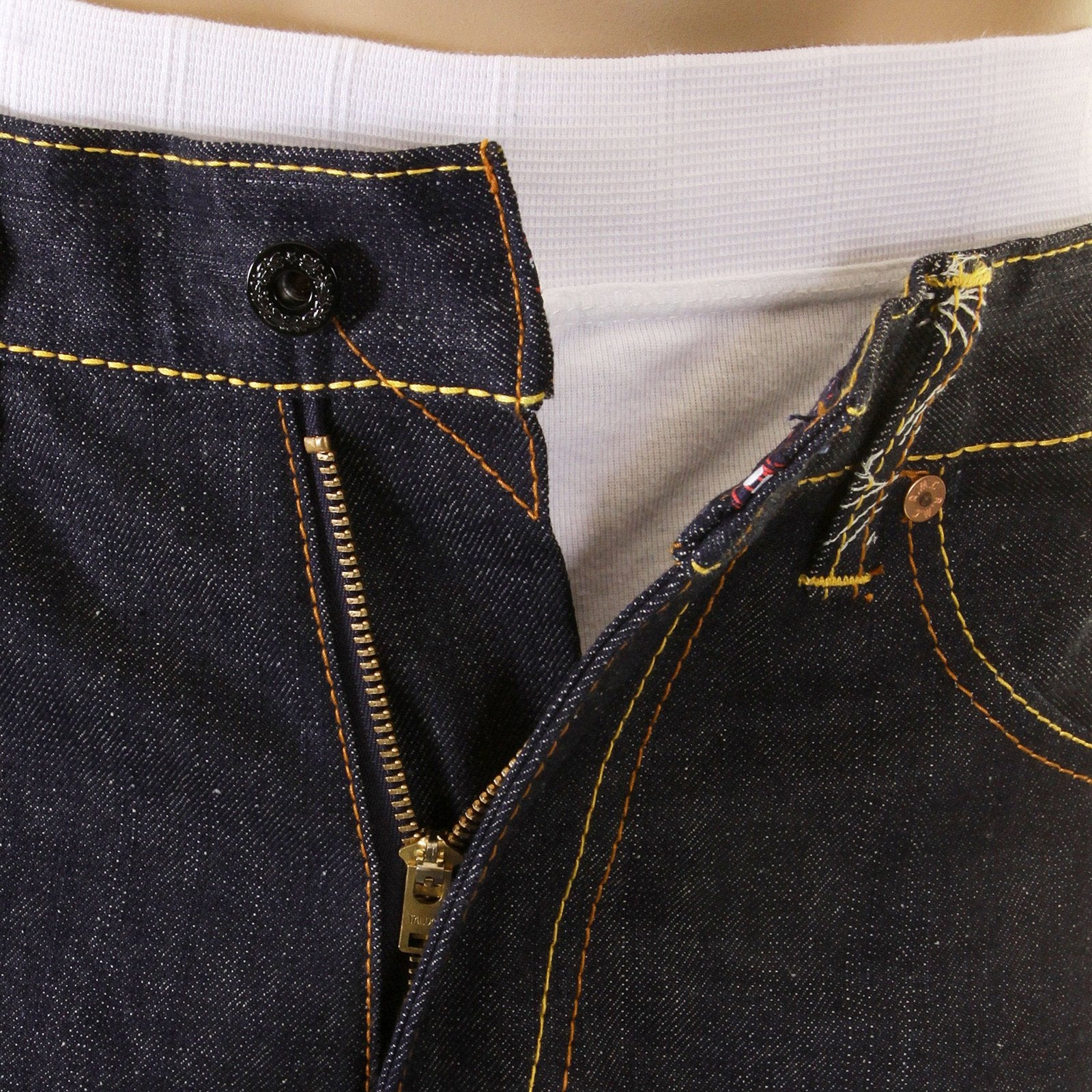 RMC SLIMMER CUT 1001 MODEL DARK INDIGO 888 RAW DENIM JEANS WITH ROCK N ROLL AND TSUNAMI WAVE EMBROIDERY REDM4604