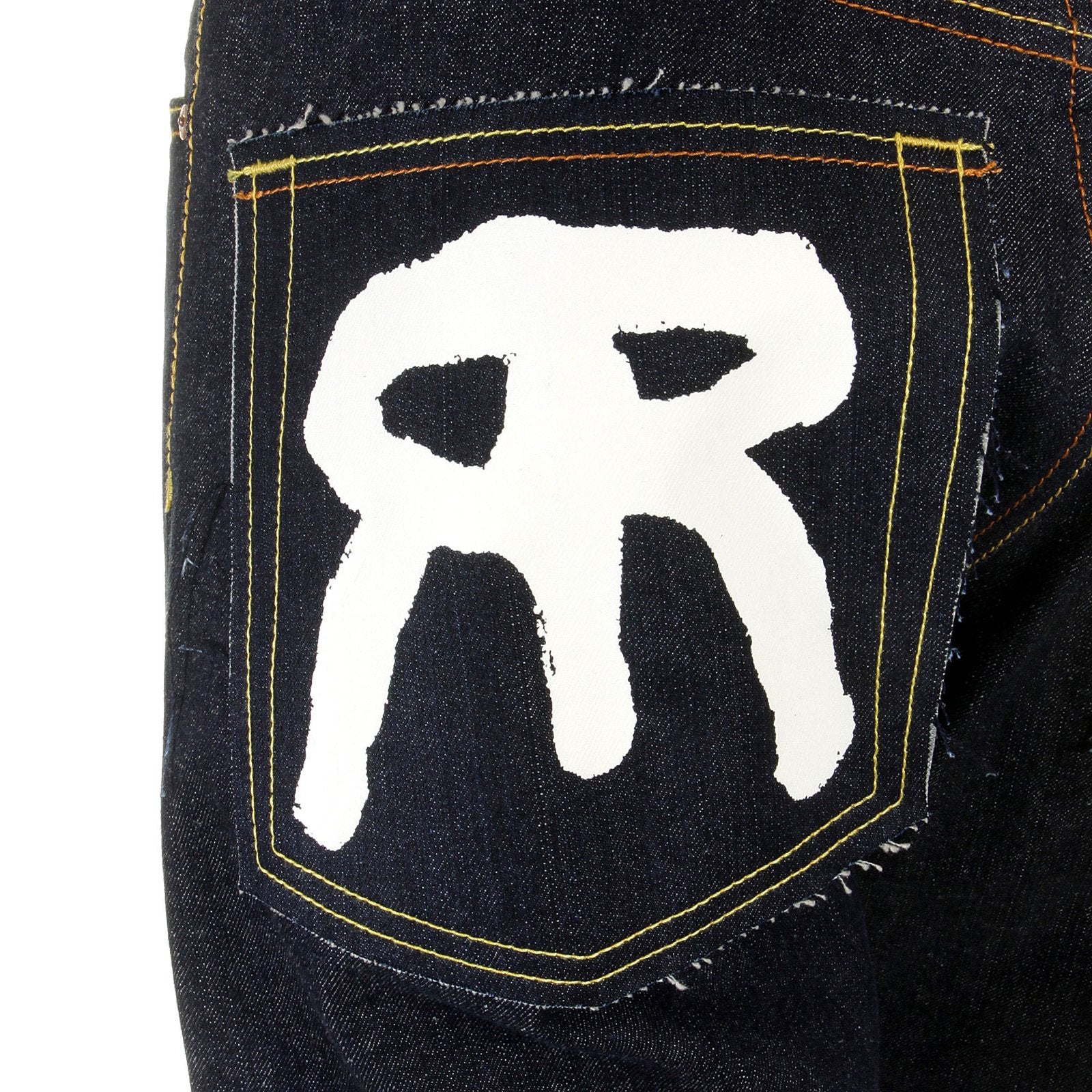 RMC SLIMMER CUT 1001 MODEL DARK INDIGO 888 RAW DENIM JEANS WITH ROCK N ROLL AND TSUNAMI WAVE EMBROIDERY REDM4604