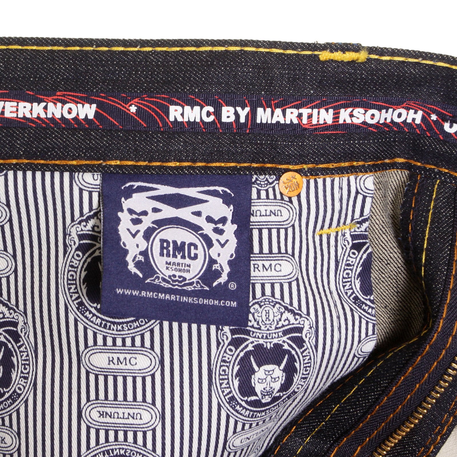 RMC SLIMMER CUT 1001 MODEL DARK INDIGO 888 RAW DENIM JEANS WITH ROCK N ROLL AND TSUNAMI WAVE EMBROIDERY REDM4604