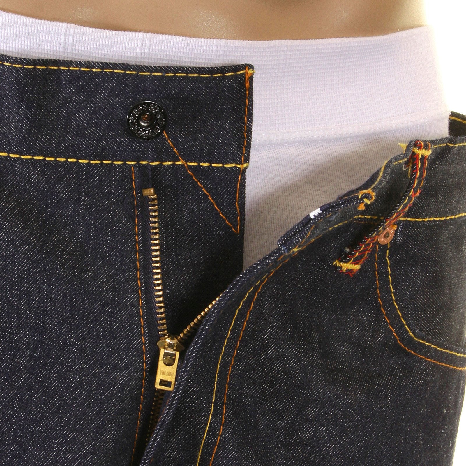 RMC JEANS SLIMMER CUT 1001 MODEL DARK INDIGO 888 R&amp;R AND TSUNAMI WAVE EMBROIDERED RAW DENIM JEANS REDM5035
