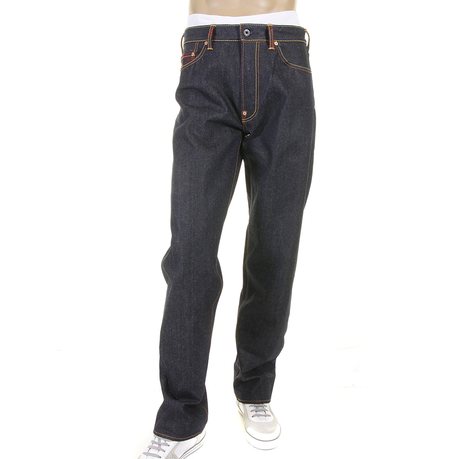 RMC JEANS SLIMMER CUT 1001 MODEL DARK INDIGO 888 R&amp;R AND TSUNAMI WAVE EMBROIDERED RAW DENIM JEANS REDM5035