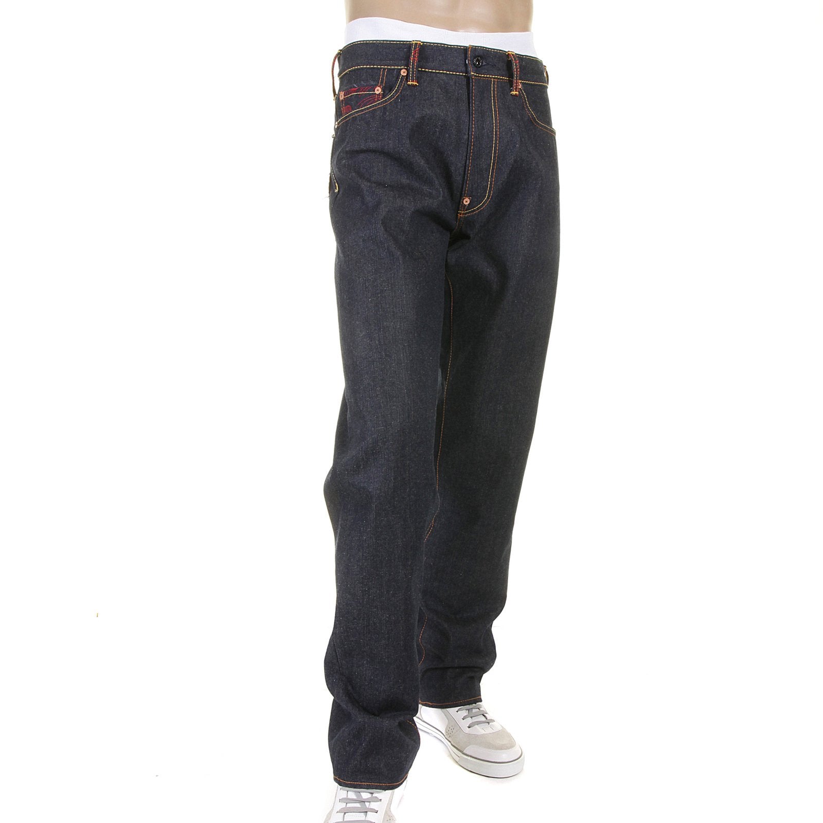 RMC JEANS SLIMMER CUT 1001 MODEL DARK INDIGO 888 R&amp;R AND TSUNAMI WAVE EMBROIDERED RAW DENIM JEANS REDM5035
