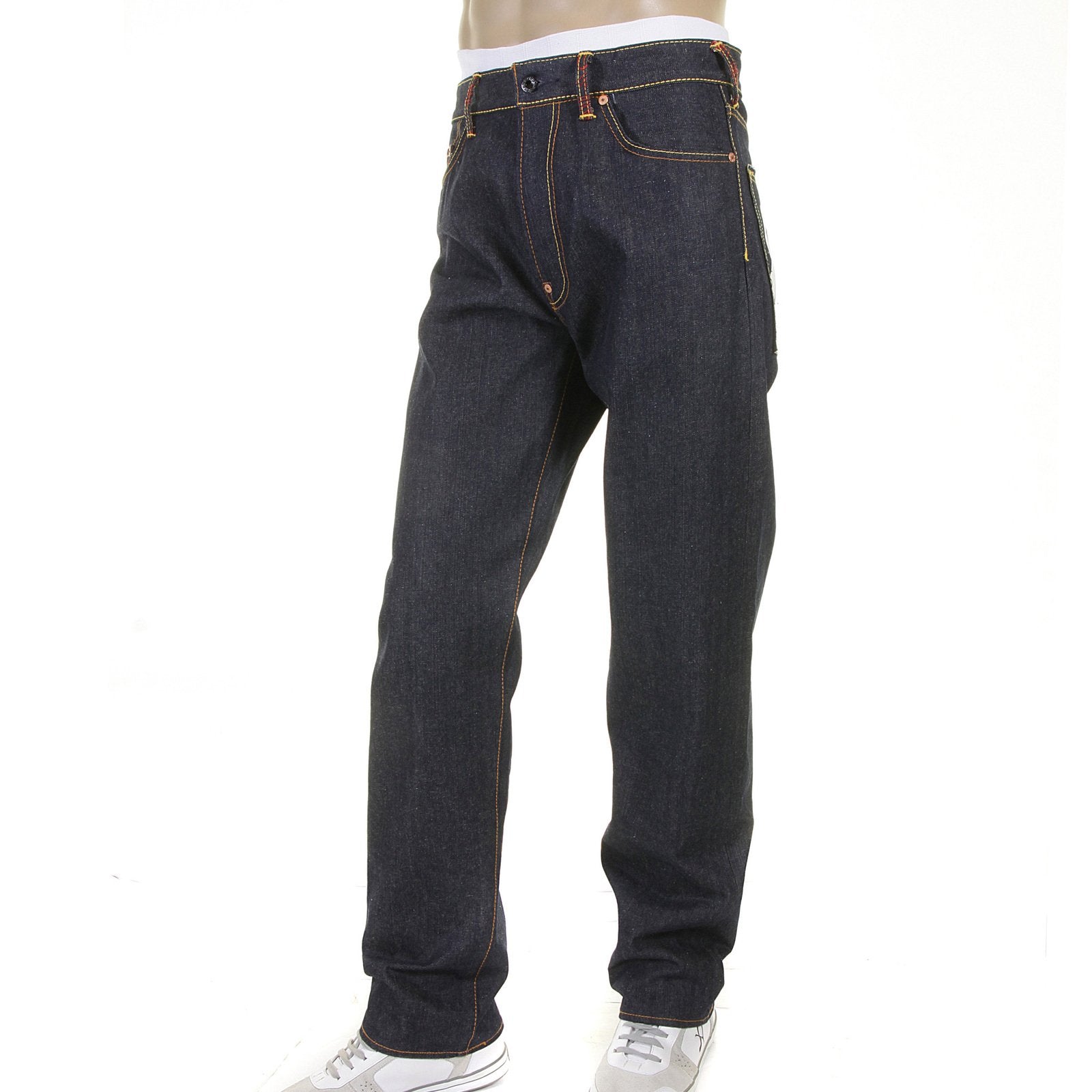 RMC JEANS SLIMMER CUT 1001 MODEL DARK INDIGO 888 R&amp;R AND TSUNAMI WAVE EMBROIDERED RAW DENIM JEANS REDM5035