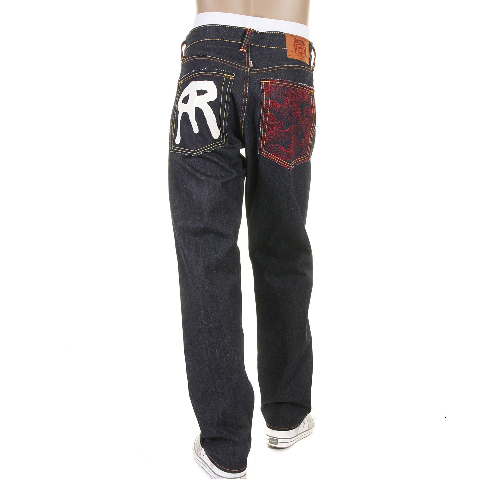 RMC JEANS SLIMMER CUT 1001 MODEL DARK INDIGO 888 R&amp;R AND TSUNAMI WAVE EMBROIDERED RAW DENIM JEANS REDM5035